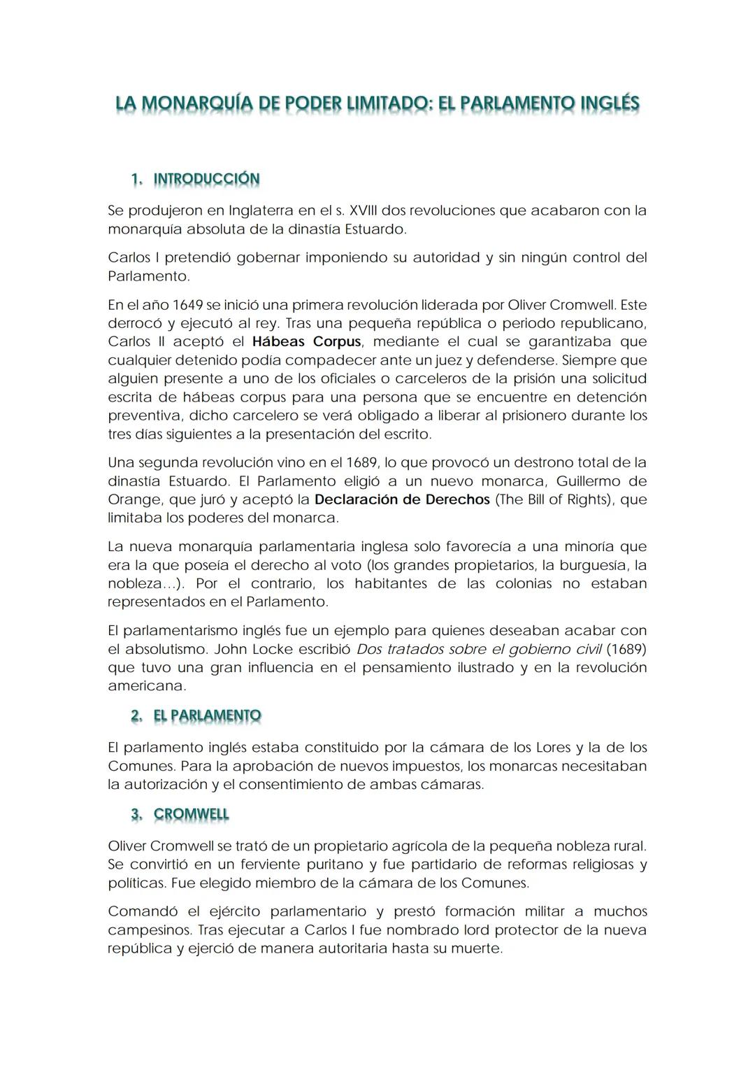 LA MONARQUÍA DE PODER LIMITADO: EL PARLAMENTO INGLÉS
1. INTRODUCCIÓN
Se produjeron en Inglaterra en el s. XVIII dos revoluciones que acabaro