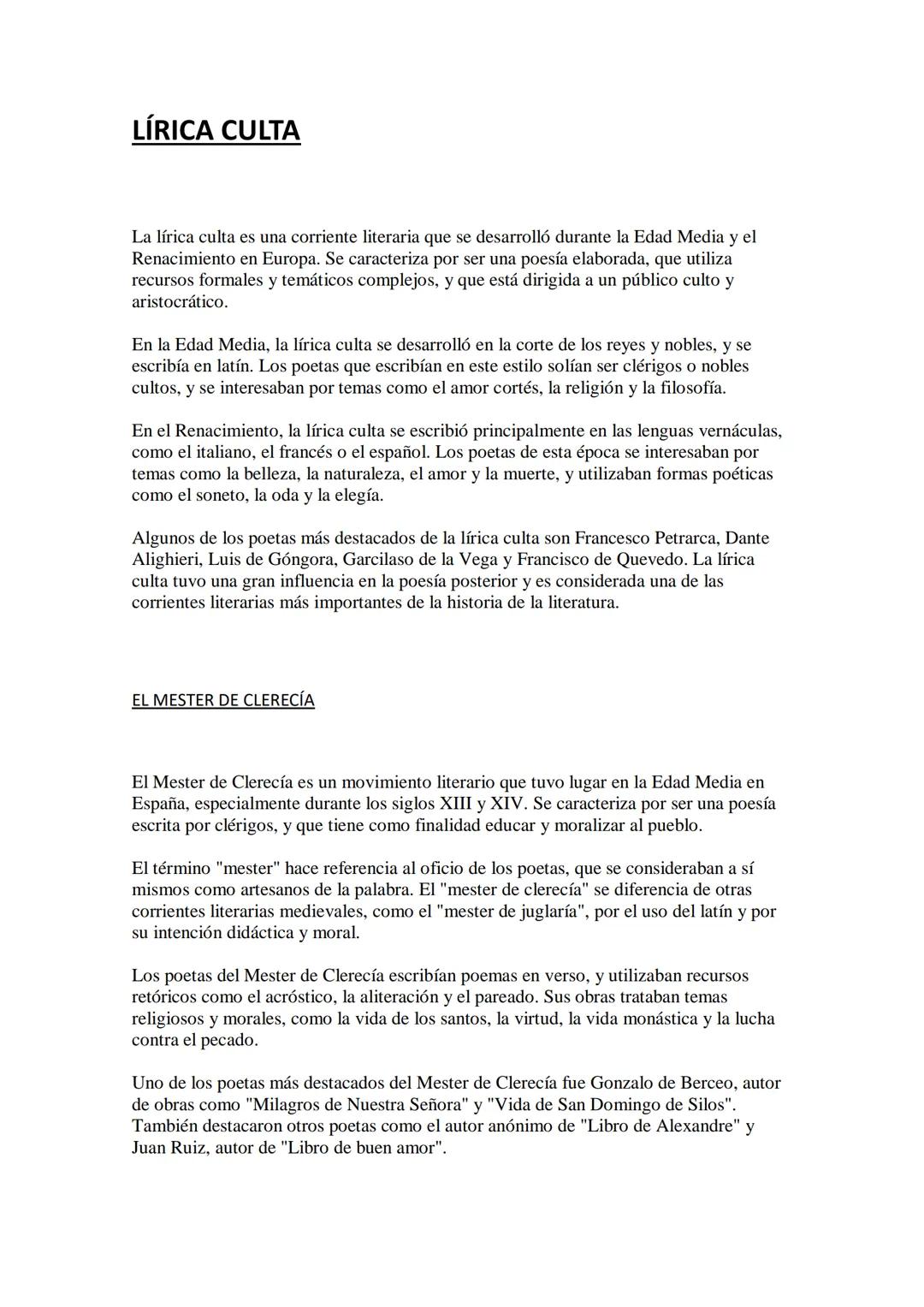 LÍRICA CULTA
La lírica culta es una corriente literaria que se desarrolló durante la Edad Media y el
Renacimiento en Europa. Se caracteriza