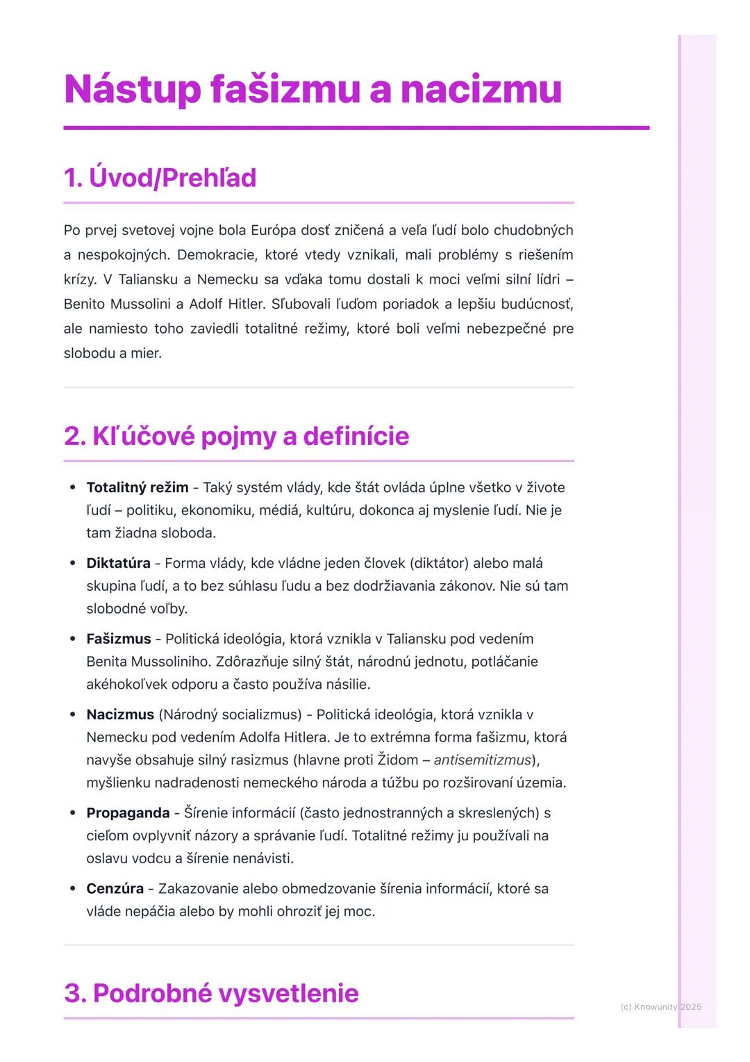 # Nástup fašizmu a nacizmu
1. Úvod/Prehľad
Po prvej svetovej vojne bola Európa dosť zničená a veľa ľudí bolo chudobných
a nespokojných. De