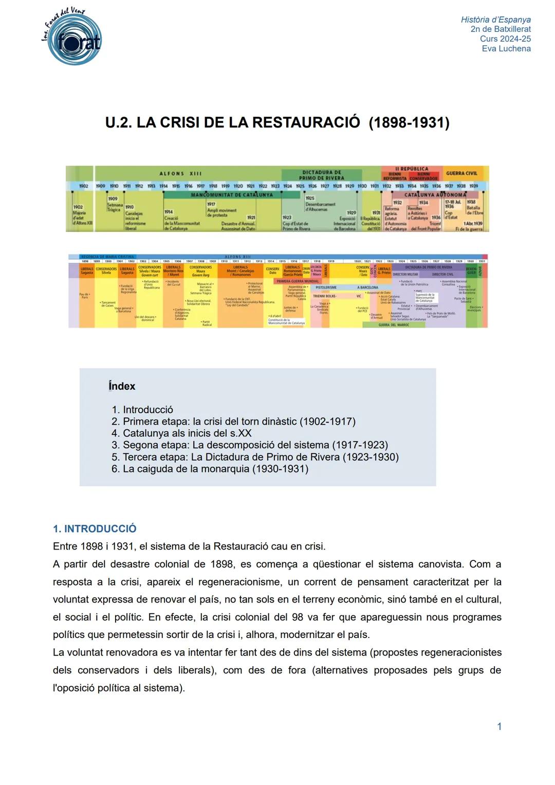 del Vent
las.
Forat,
U.2. LA CRISI DE LA RESTAURACIÓ (1898-1931)
Història d'Espanya
2n de Batxillerat
Curs 2024-25
Eva Luchena
1902
ALFONS X
