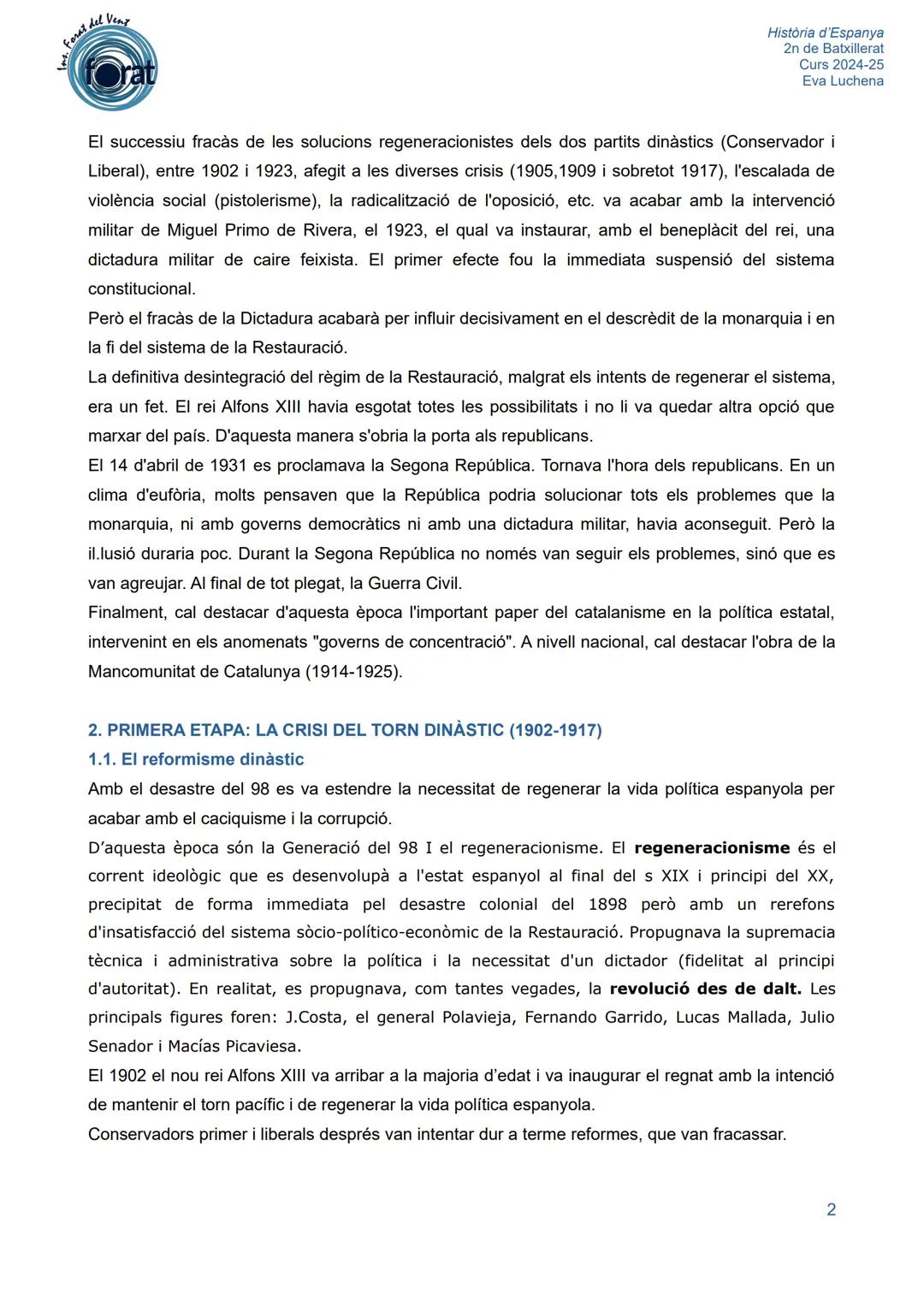 del Vent
las.
Forat,
U.2. LA CRISI DE LA RESTAURACIÓ (1898-1931)
Història d'Espanya
2n de Batxillerat
Curs 2024-25
Eva Luchena
1902
ALFONS X