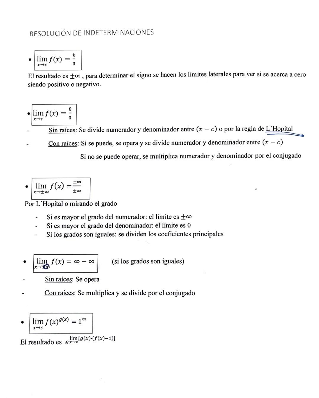 RESOLUCIÓN DE INDETERMINACIONES
• $\lim_{x\to c} f(x) = \frac{k}{0}$
El resultado es ±∞, para determinar el signo se hacen los límites lat