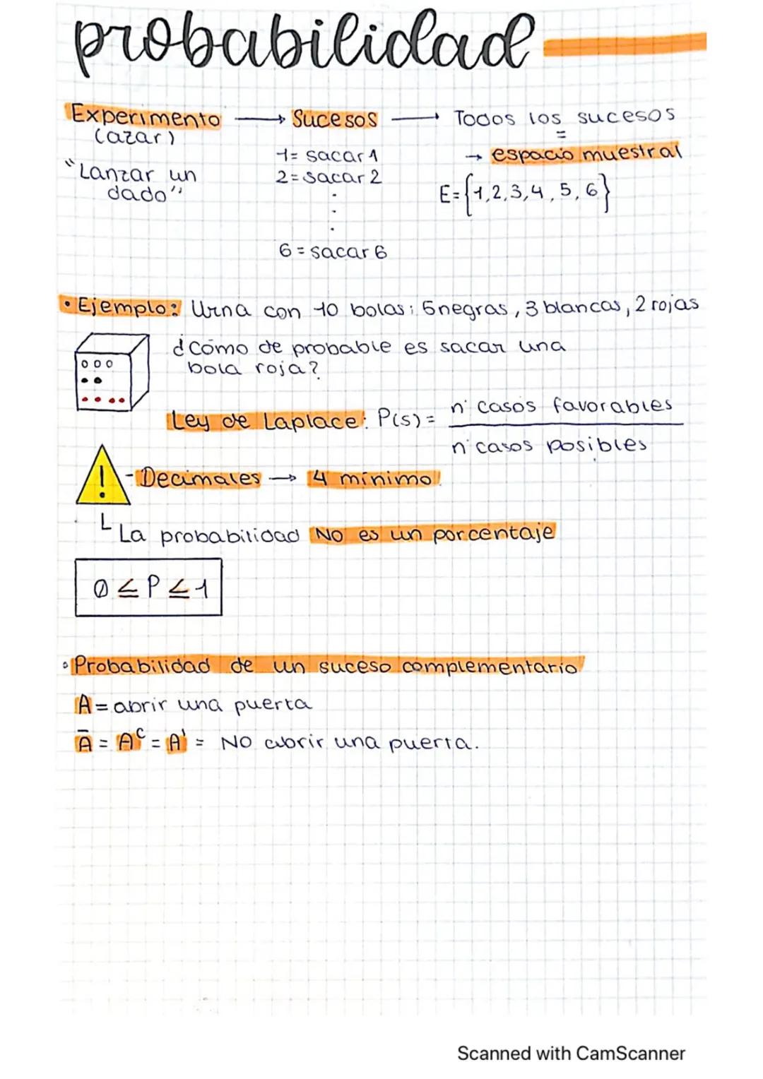 # probabilidad
Experimento Sucesos Todos los sucesos
(azar) =
→ espacio muestral
"Lanzar un
dado"
1= sacar 1
2=sacar 2
E= {1,2,3,4,5,6}
6=