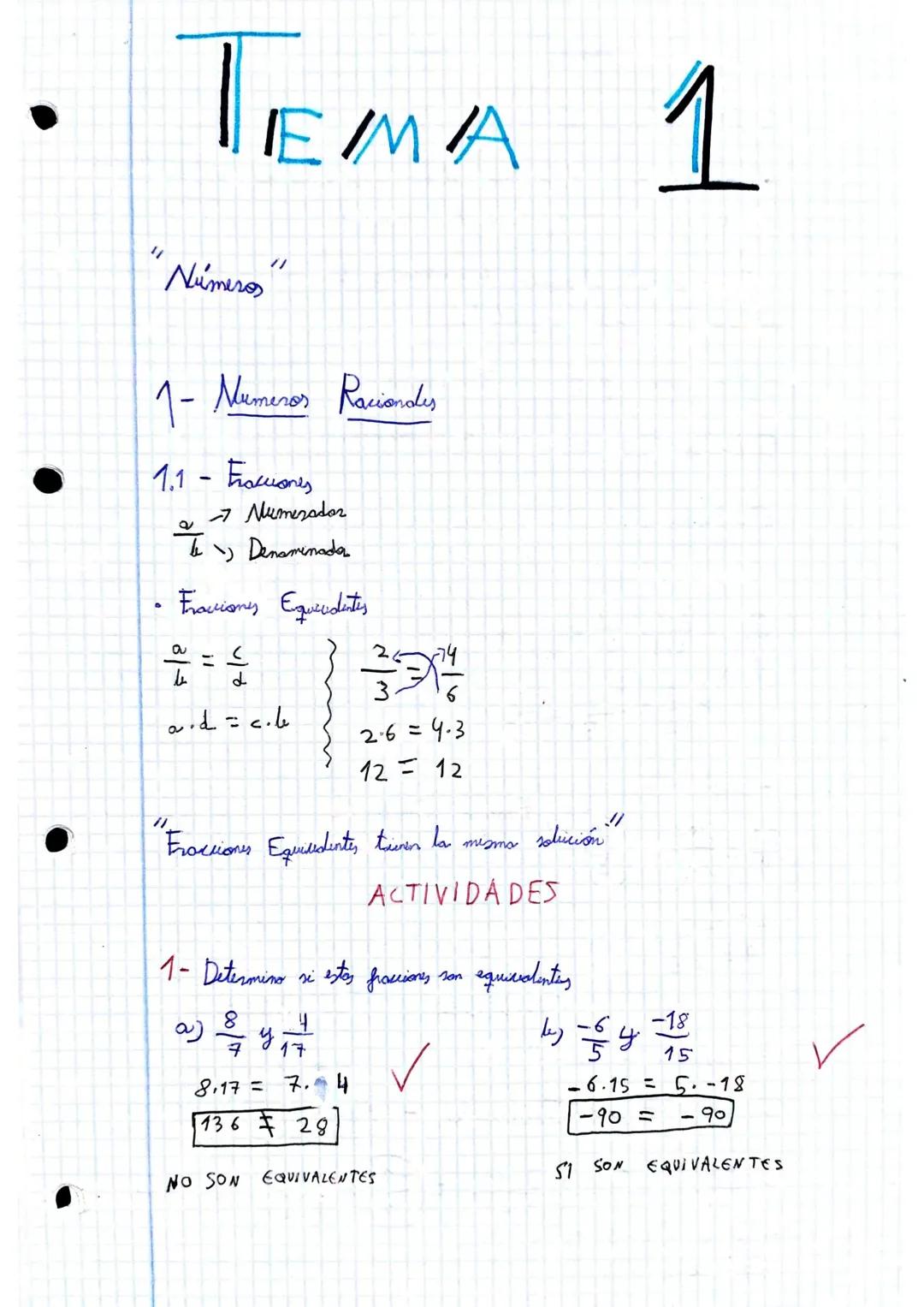 "1
TEMA 1
Тема
Números
//
1- Numeros Raciondes
1.1 Fracciones
●
11
Numerador
Te Denominada
Fraccions quedats
2=²
aid = c.le
Fracciones Equid