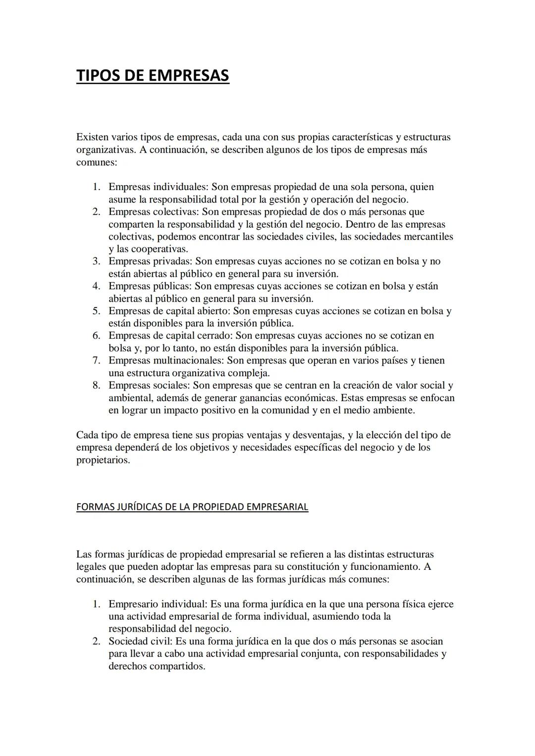 TIPOS DE EMPRESAS
Existen varios tipos de empresas, cada una con sus propias características y estructuras
organizativas. A continuación, se