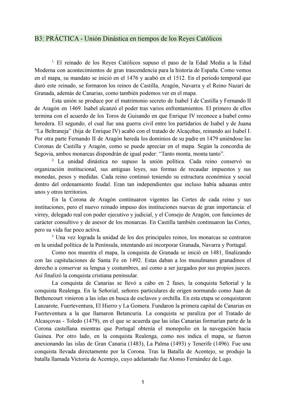 Práctica Unión Dinástica en tiempos de los Reyes Católicos - Historia de España