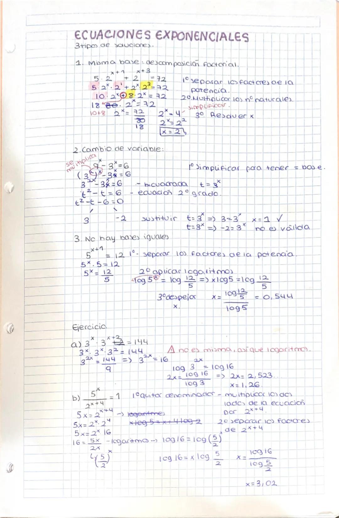 ECUACIONES EXPONENCIALES
3tipos de soluciones.
1. Misma base descomposicion Factorial.
x+7 x+3
5.2 +2
72
5: 2.2 + 2* 23=72
10.28.2* = 72
18'