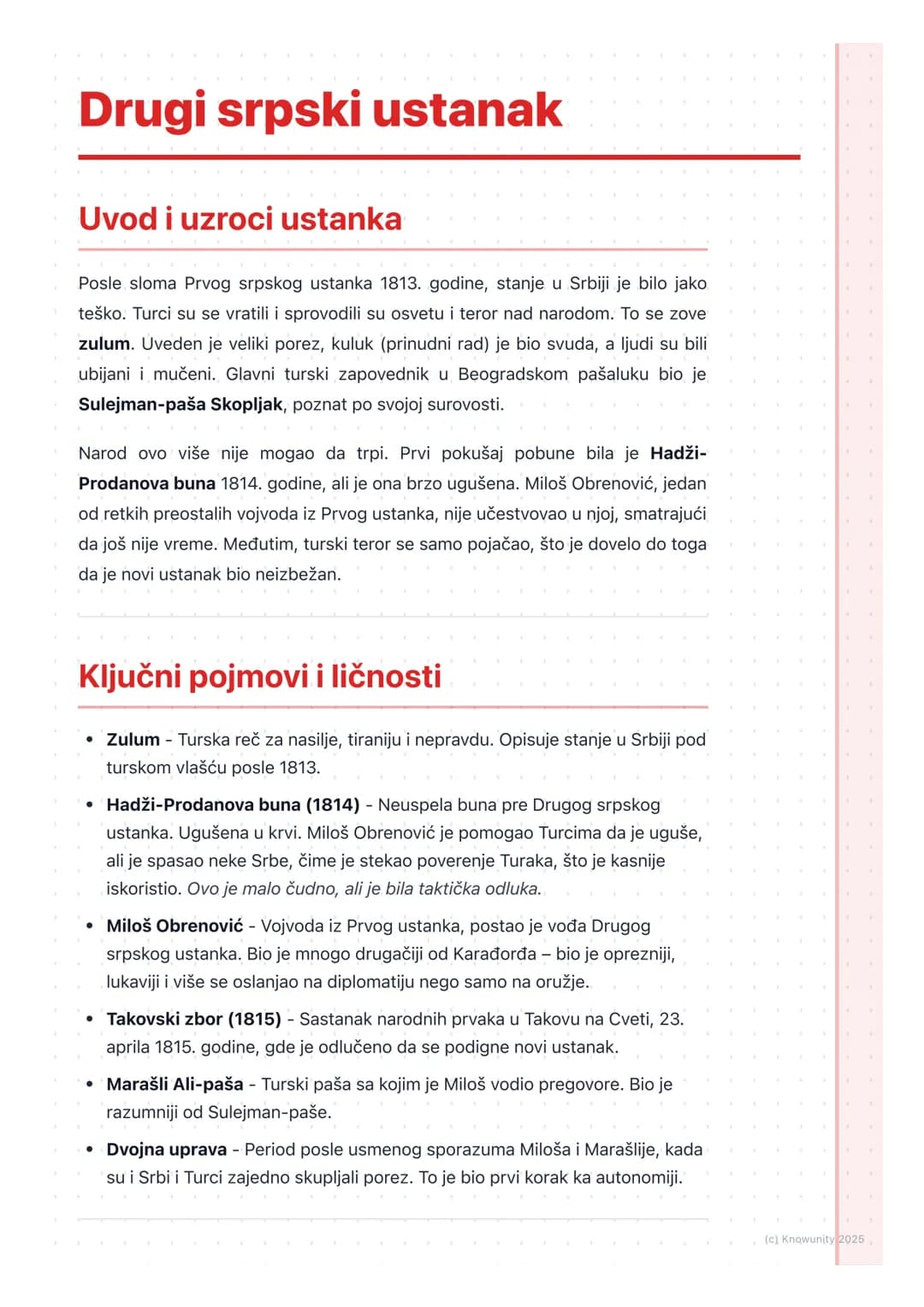 # Drugi srpski ustanak
## Uvod i uzroci ustanka
Posle sloma Prvog srpskog ustanka 1813. godine, stanje u Srbiji je bilo jako
teško. Turci
