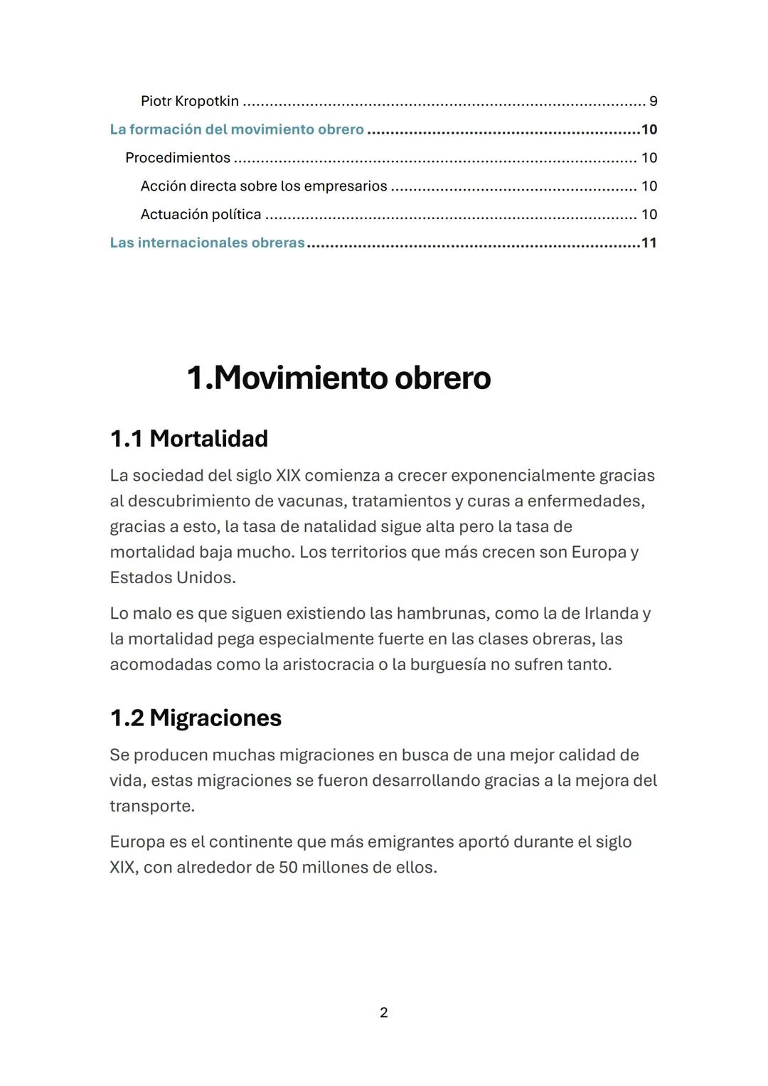 HISTORIA DEL MUNDO CONTEMPORÁNEO
Movimiento Obrero.
Índice de contenidos
1.1 Mortalidad
1.2 Migraciones
Migraciones del pueblo a la ciudad.