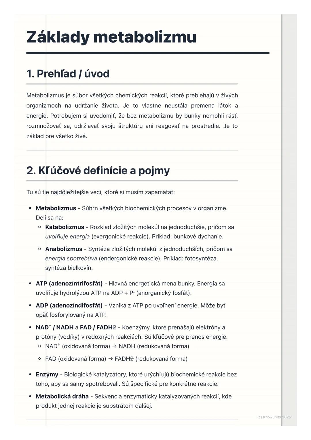 # Základy metabolizmu
1. Prehľad / úvod
Metabolizmus je súbor všetkých chemických reakcií, ktoré prebiehajú v živých
organizmoch na udržan