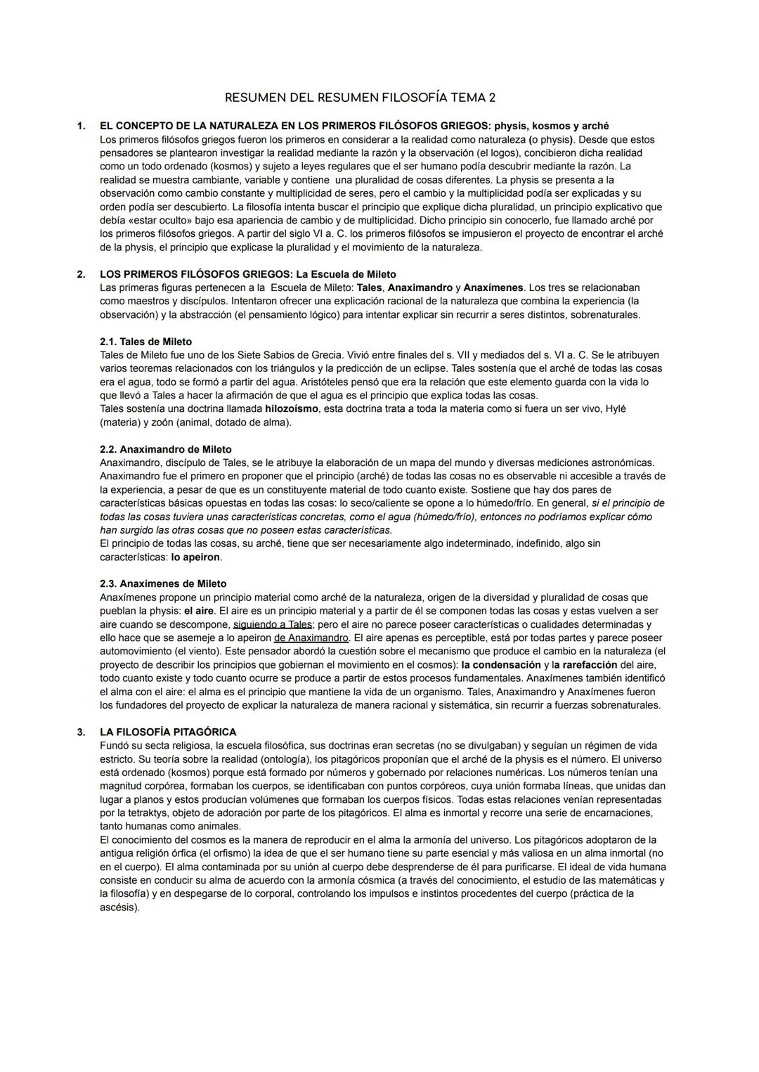 # RESUMEN DEL RESUMEN FILOSOFÍA TEMA 2
1. EL CONCEPTO DE LA NATURALEZA EN LOS PRIMEROS FILÓSOFOS GRIEGOS: physis, kosmos y arché
Los primer