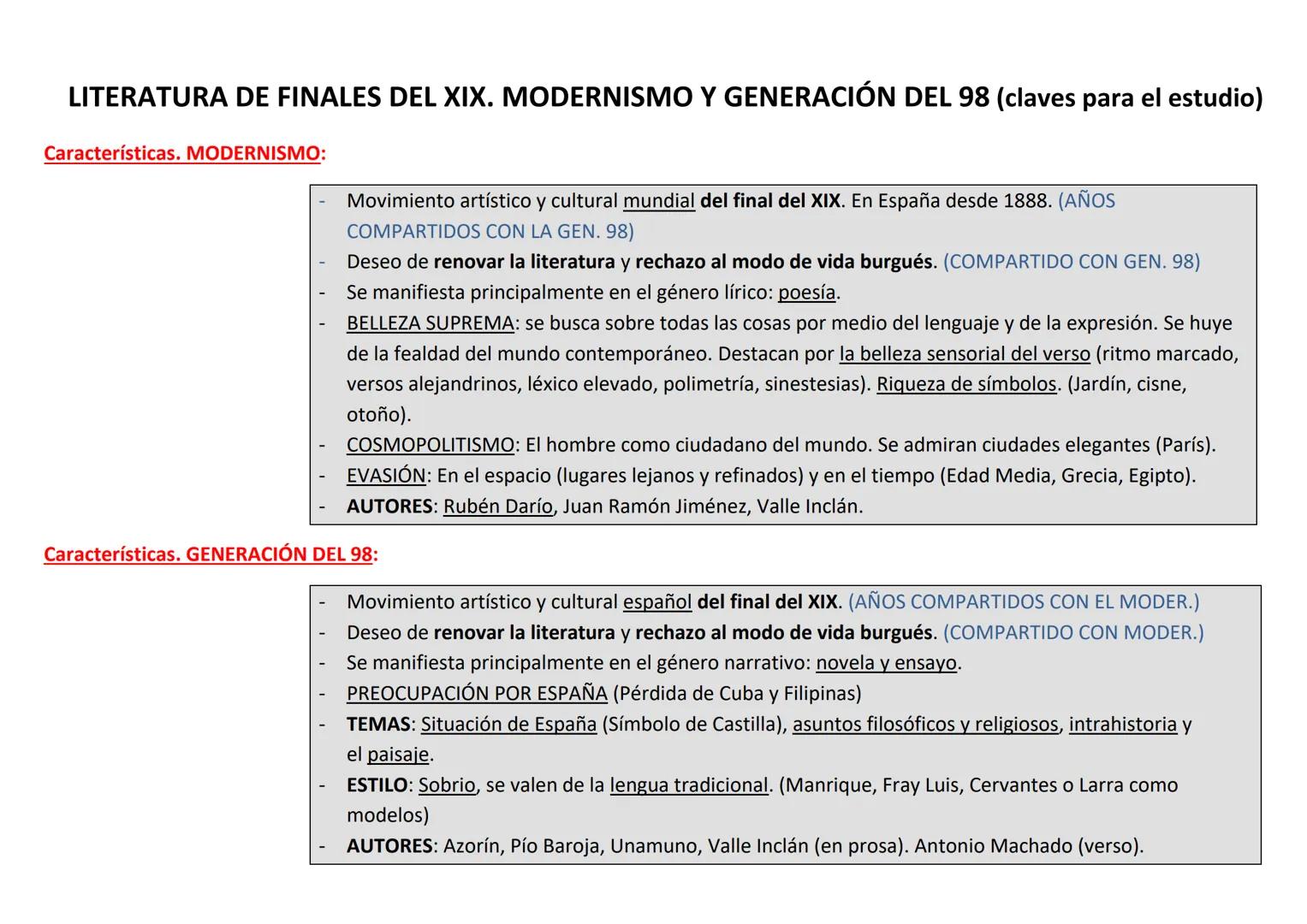 LITERATURA DE FINALES DEL XIX. MODERNISMO Y GENERACIÓN DEL 98 (claves para el estudio)
Características. MODERNISMO:
- Movimiento artístico y