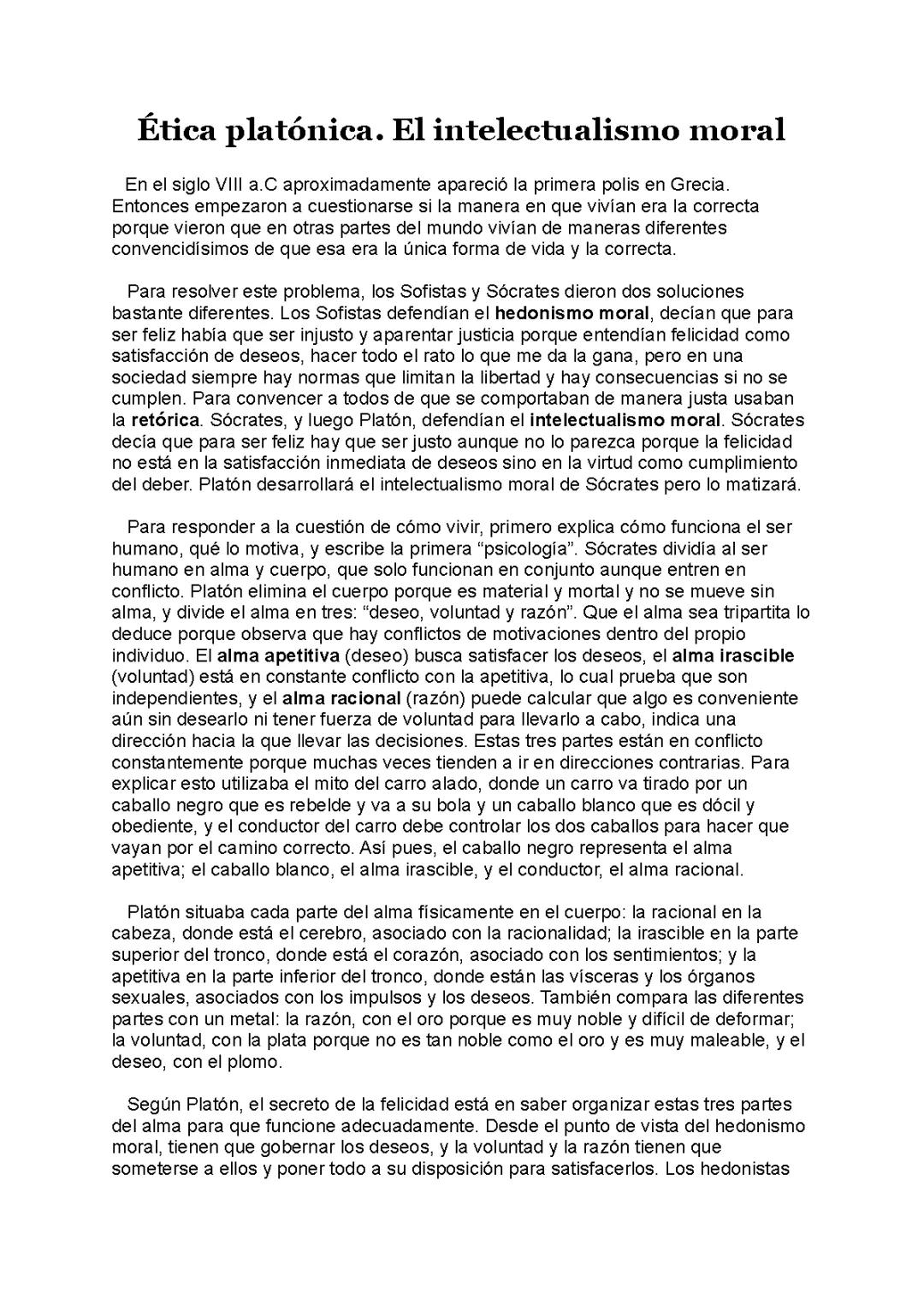 Ética platónica. El intelectualismo moral