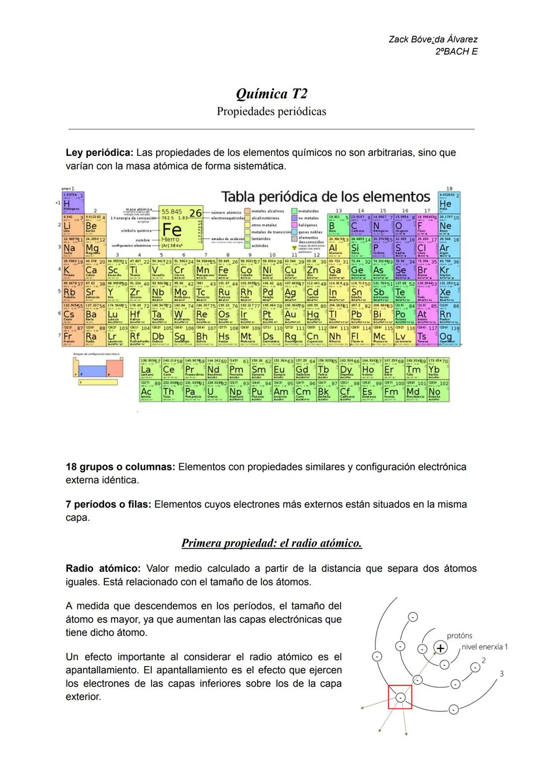 Química T2
Propiedades periódicas
Zack Bóveda Álvarez
2°BACH E
Ley periódica: Las propiedades de los elementos químicos no son arbitrarias,