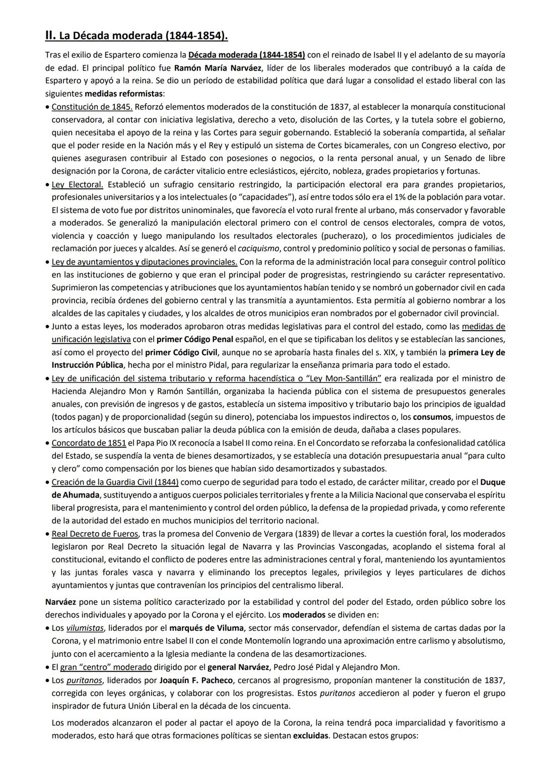 II. La Década moderada (1844-1854).
Tras el exilio de Espartero comienza la Década moderada (1844-1854) con el reinado de Isabel Il y el ade