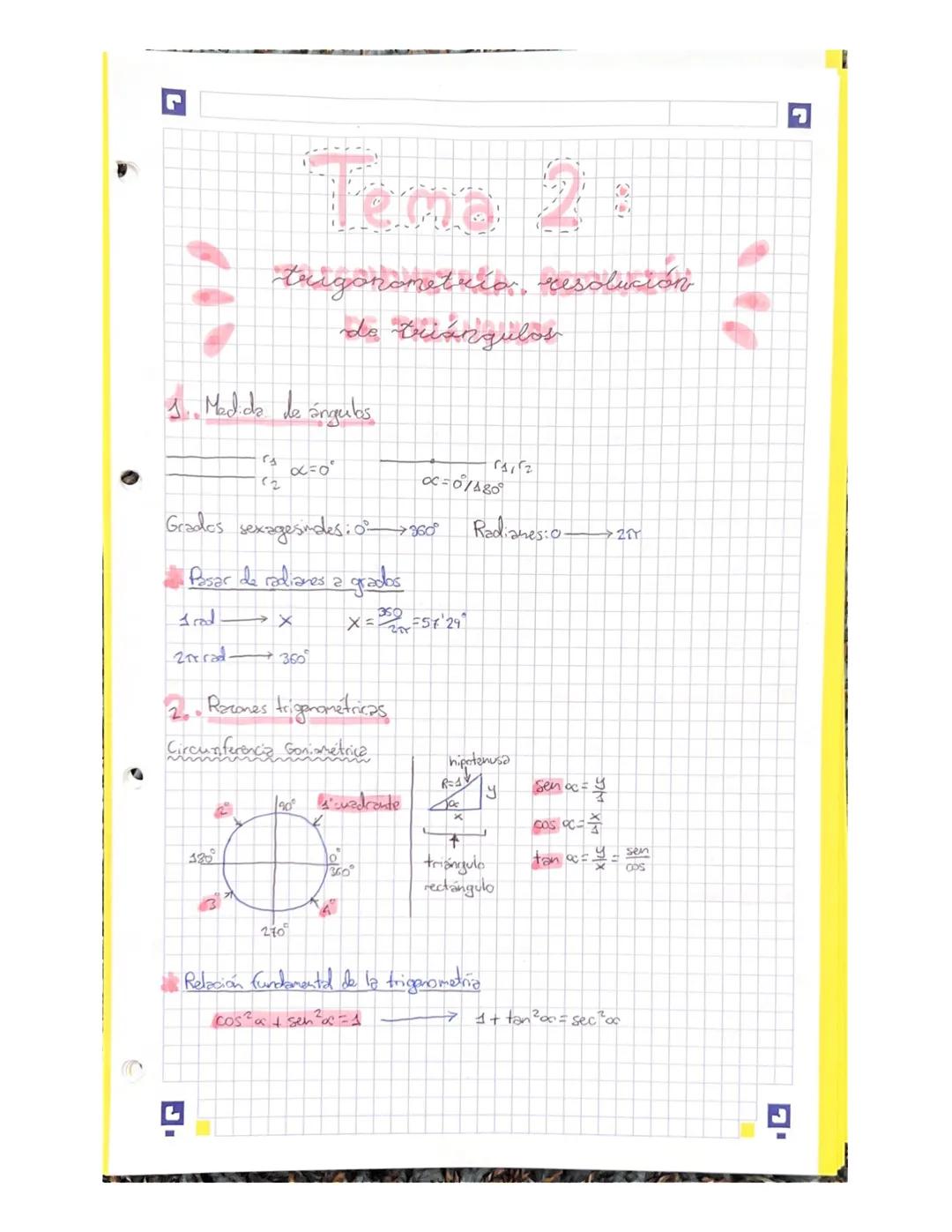 Tema 2:
trigonometrio, resolución
do triángulos
1. Madda de ángulos
Grados sexagesimdes: 360° Radianesio 211
Pasar de radianes a grados
1