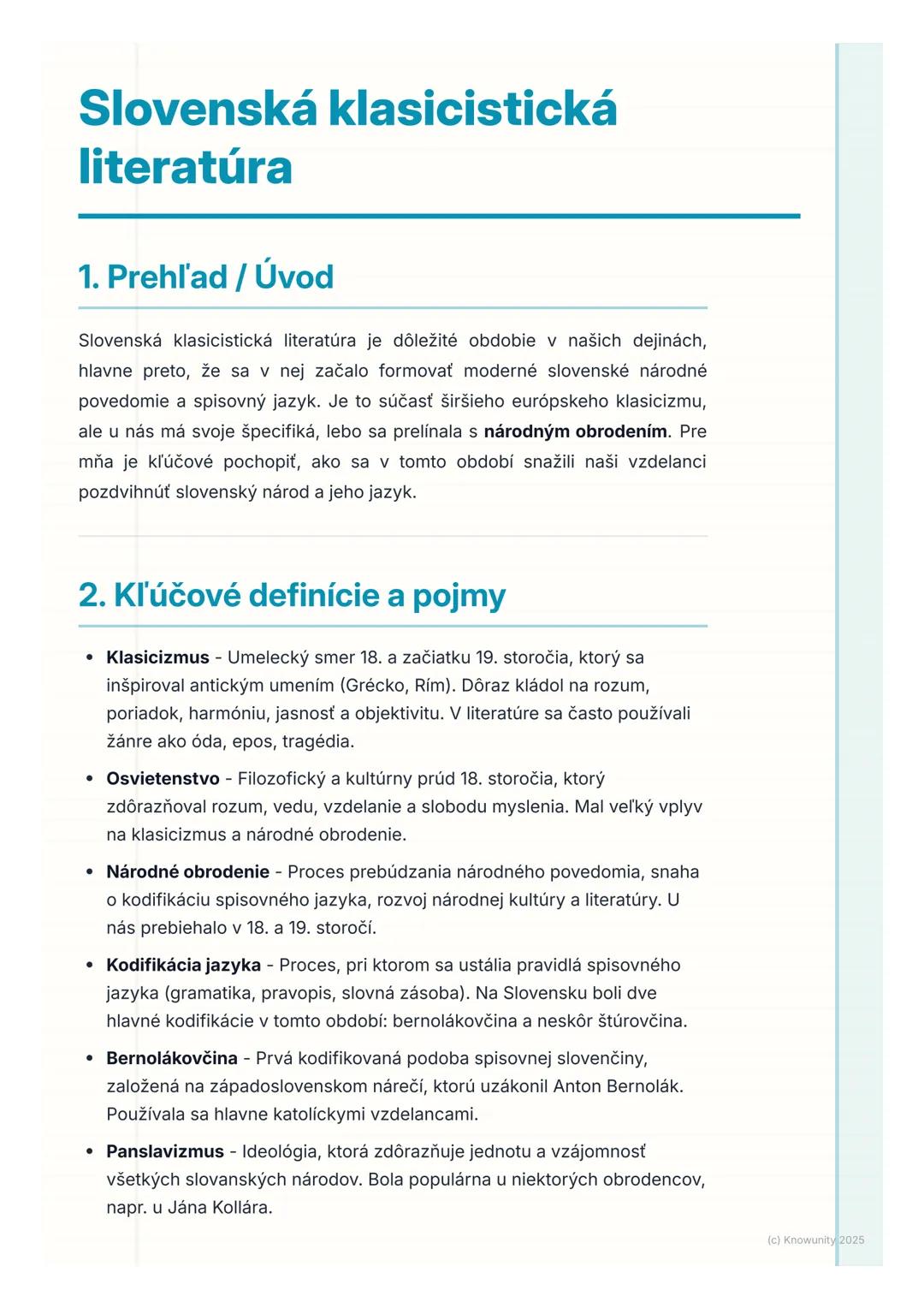 # Slovenská klasicistická
literatúra
## 1. Prehľad / Úvod
Slovenská klasicistická literatúra je dôležité obdobie v našich dejinách,
hlavne