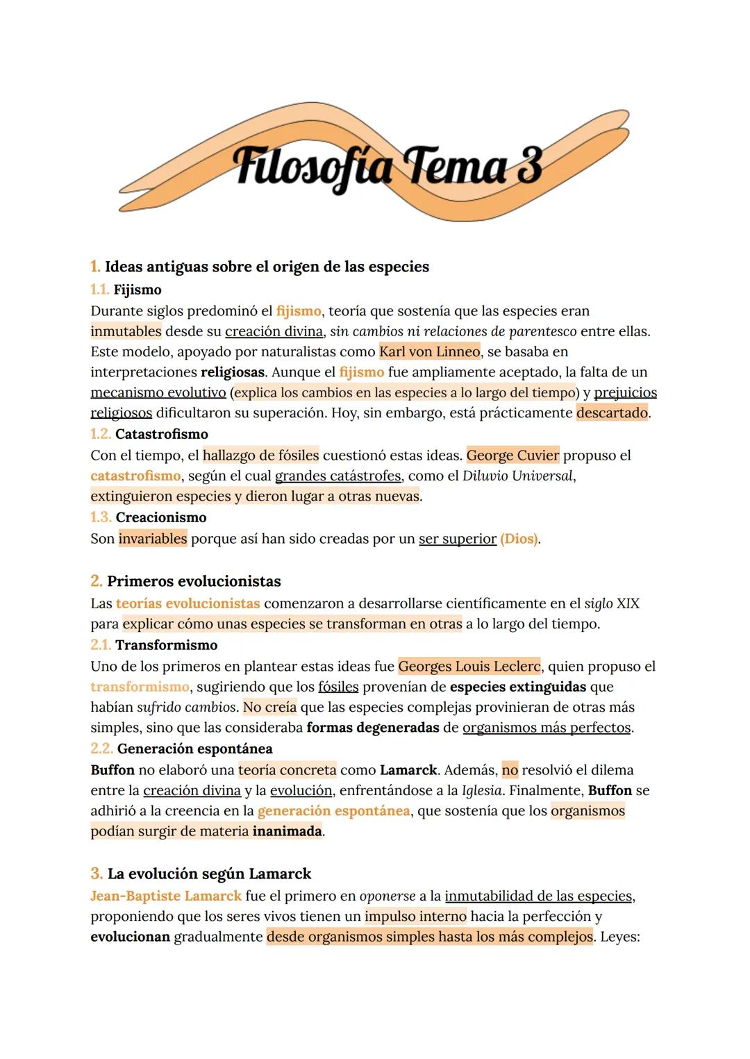 # Filosofía Tema 3
1. Ideas antiguas sobre el origen de las especies
1.1. Fijismo
Durante siglos predominó el fijismo, teoría que sostení