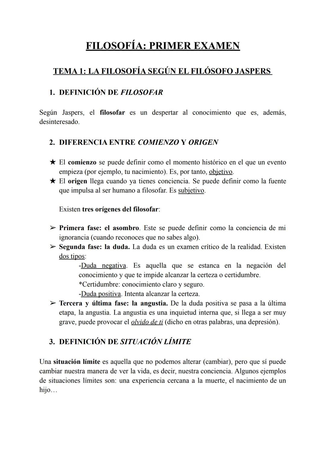 FILOSOFÍA: PRIMER EXAMEN
TEMA 1: LA FILOSOFÍA SEGÚN EL FILÓSOFO JASPERS
1. DEFINICIÓN DE FILOSOFAR
Según Jaspers, el filosofar es un despert