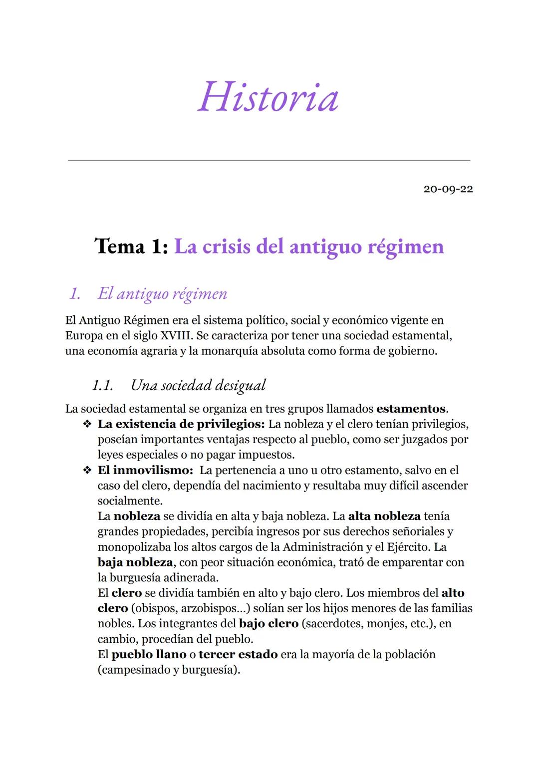 Historia
20-09-22
Tema 1: La crisis del antiguo régimen
1.
El antiguo régimen
El Antiguo Régimen era el sistema político, social y económico