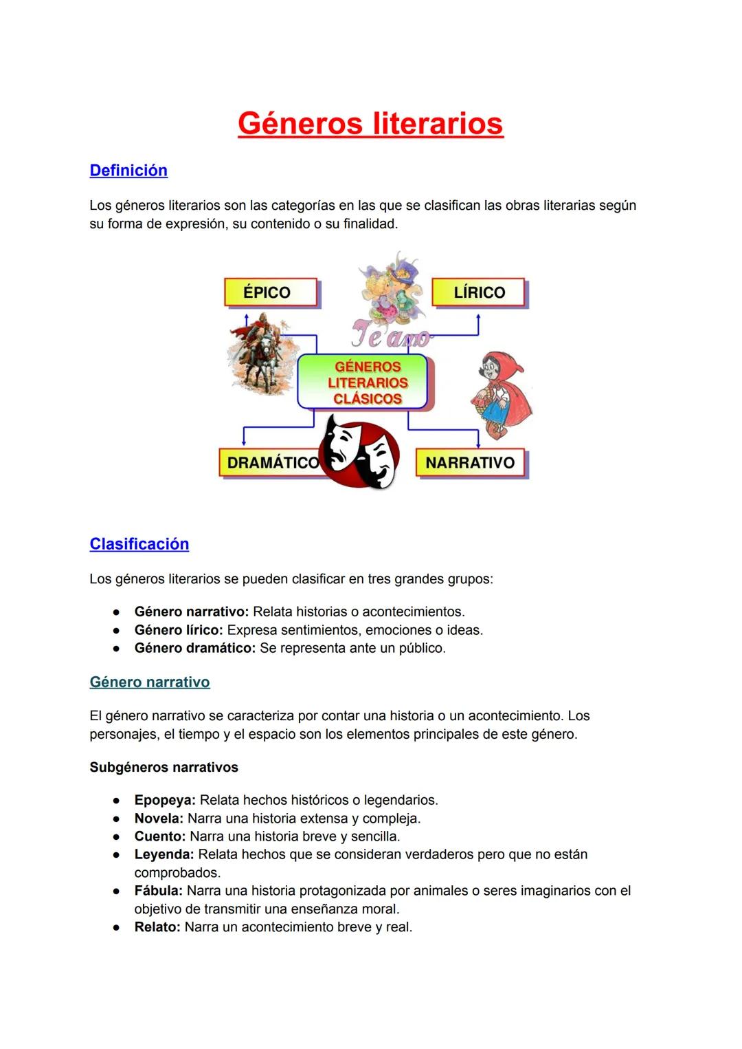 Definición
Géneros literarios
Los géneros literarios son las categorías en las que se clasifican las obras literarias según
su forma de expr