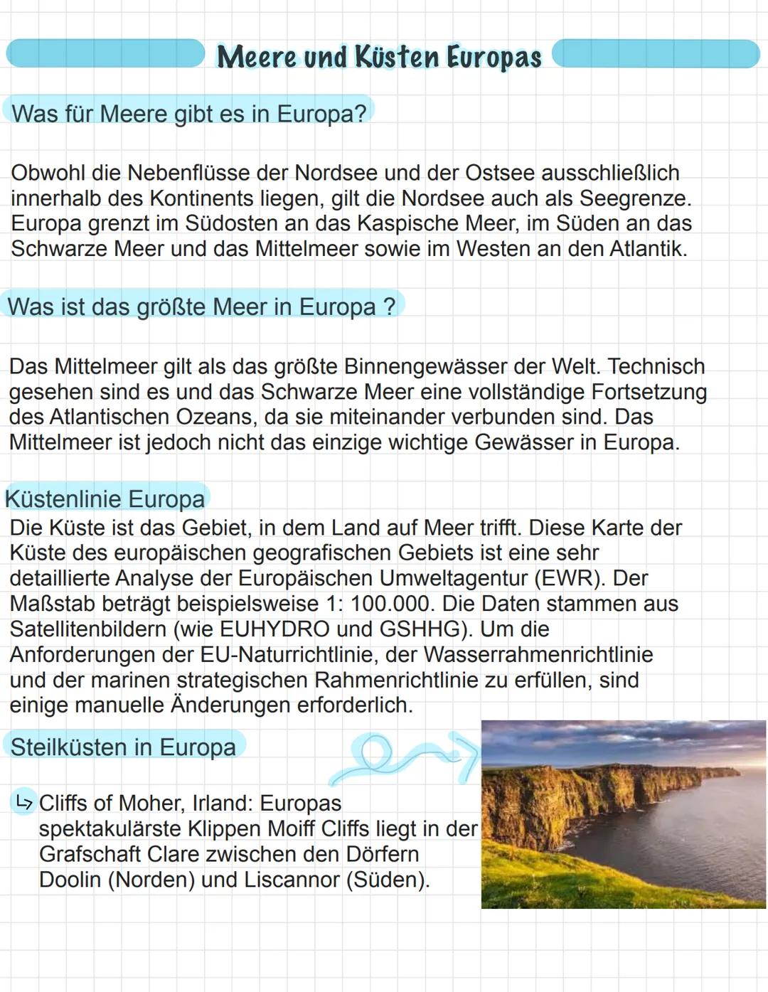# Meere und Küsten Europas
Was für Meere gibt es in Europa?
Obwohl die Nebenflüsse der Nordsee und der Ostsee ausschließlich
innerhalb des