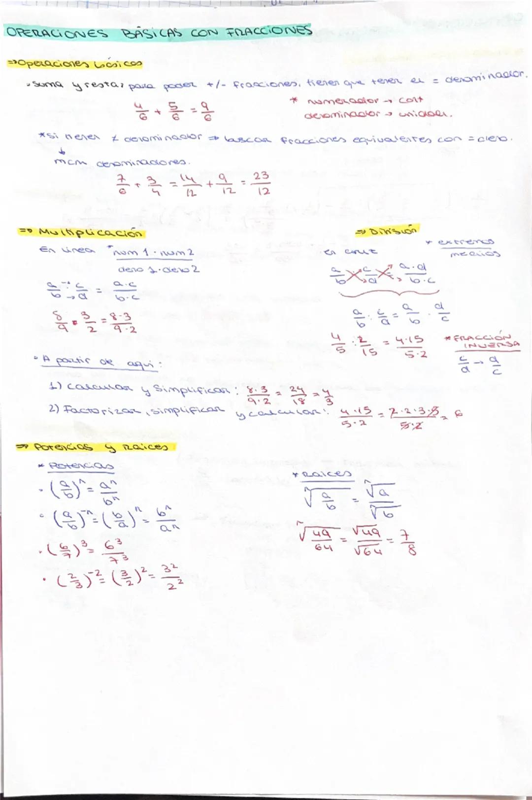 # OPERACIONES BÁSICAS CON FRACCIONES
>Operaciones básicas
*suma y resta: para poder +/- fracciones, tienen que tener el = denominador.
$