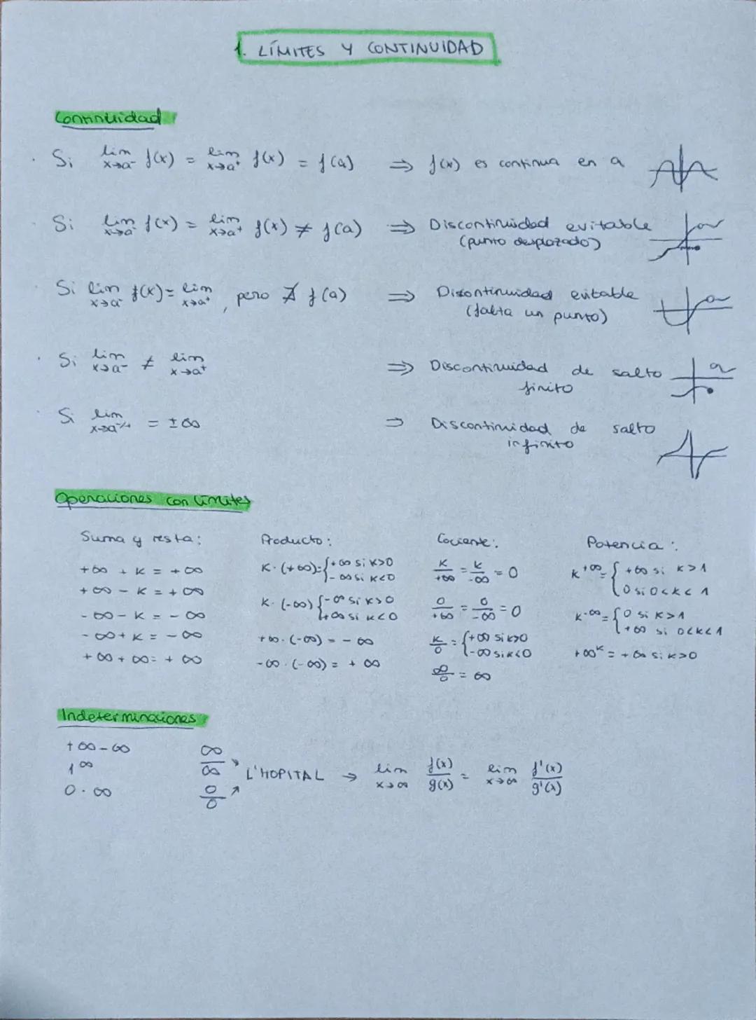 # LÍMITES Y CONTINUIDAD
**Continuidad**
- Si $\lim_{x \to a} f(x) = \lim_{x \to a^+} f(x) = f(a) \implies f(x)$ es continua en a
- Si $\li
