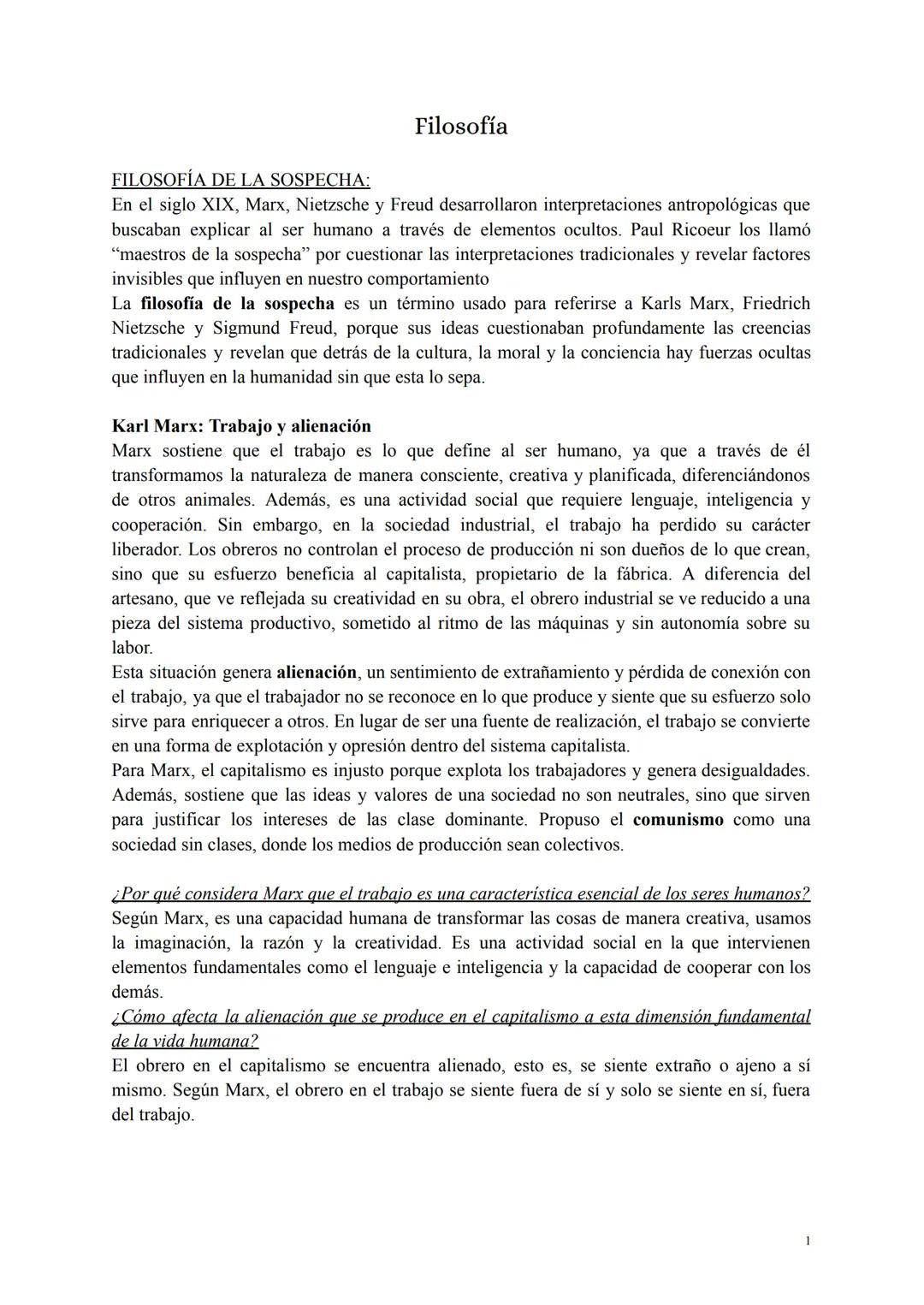 # FILOSOFÍA DE LA SOSPECHA:
Filosofía
En el siglo XIX, Marx, Nietzsche y Freud desarrollaron interpretaciones antropológicas que
buscaban