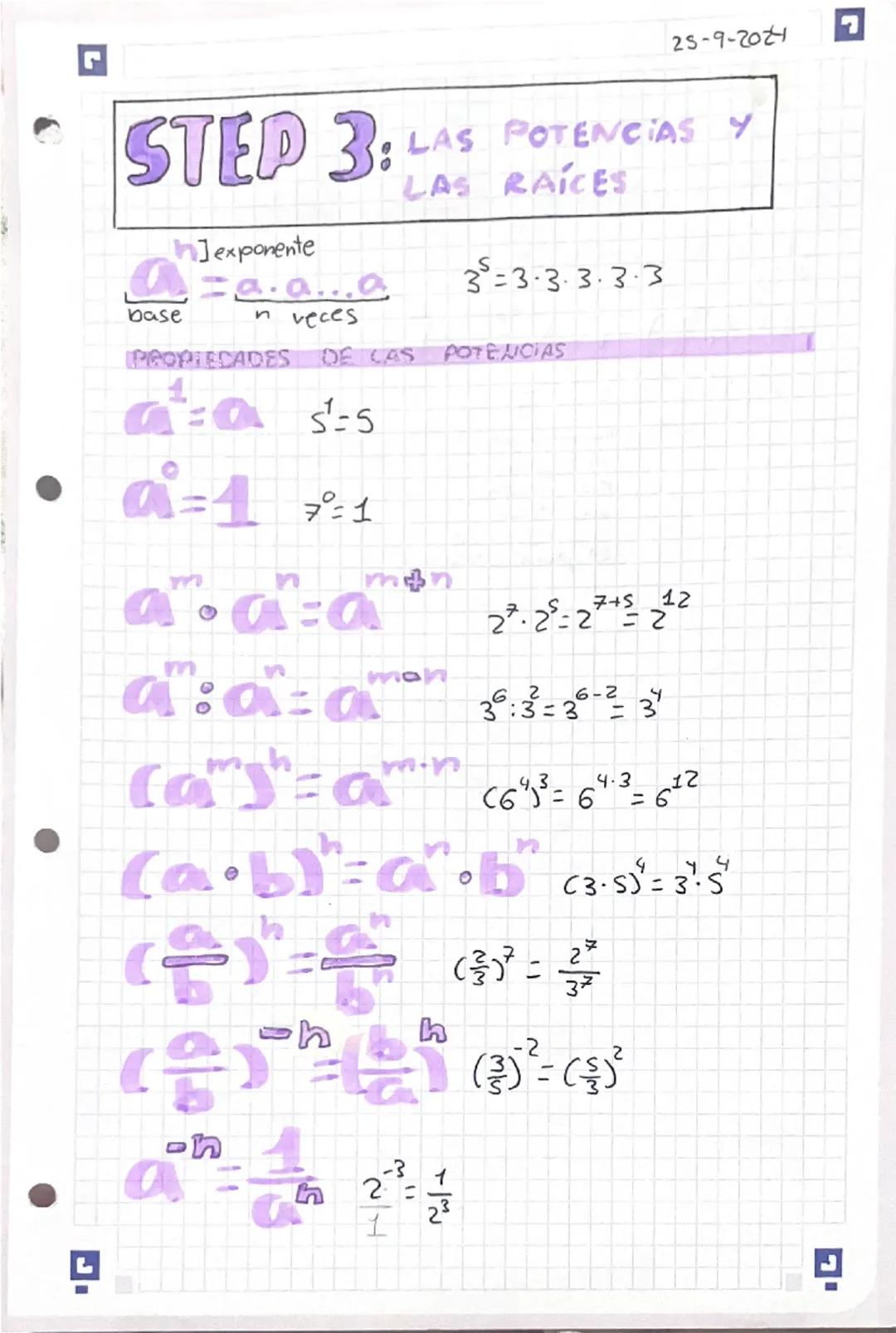 25-9-2021
STEP 3: LAS POTENCIAS Y
Jexponente
=a.a...a
LAS RAÍCES
base
n
veces
3-3.3.3.3.3
PROPIEDADES DE LAS POTENCIAS
1
5-5
a =a
0
7 =1
a