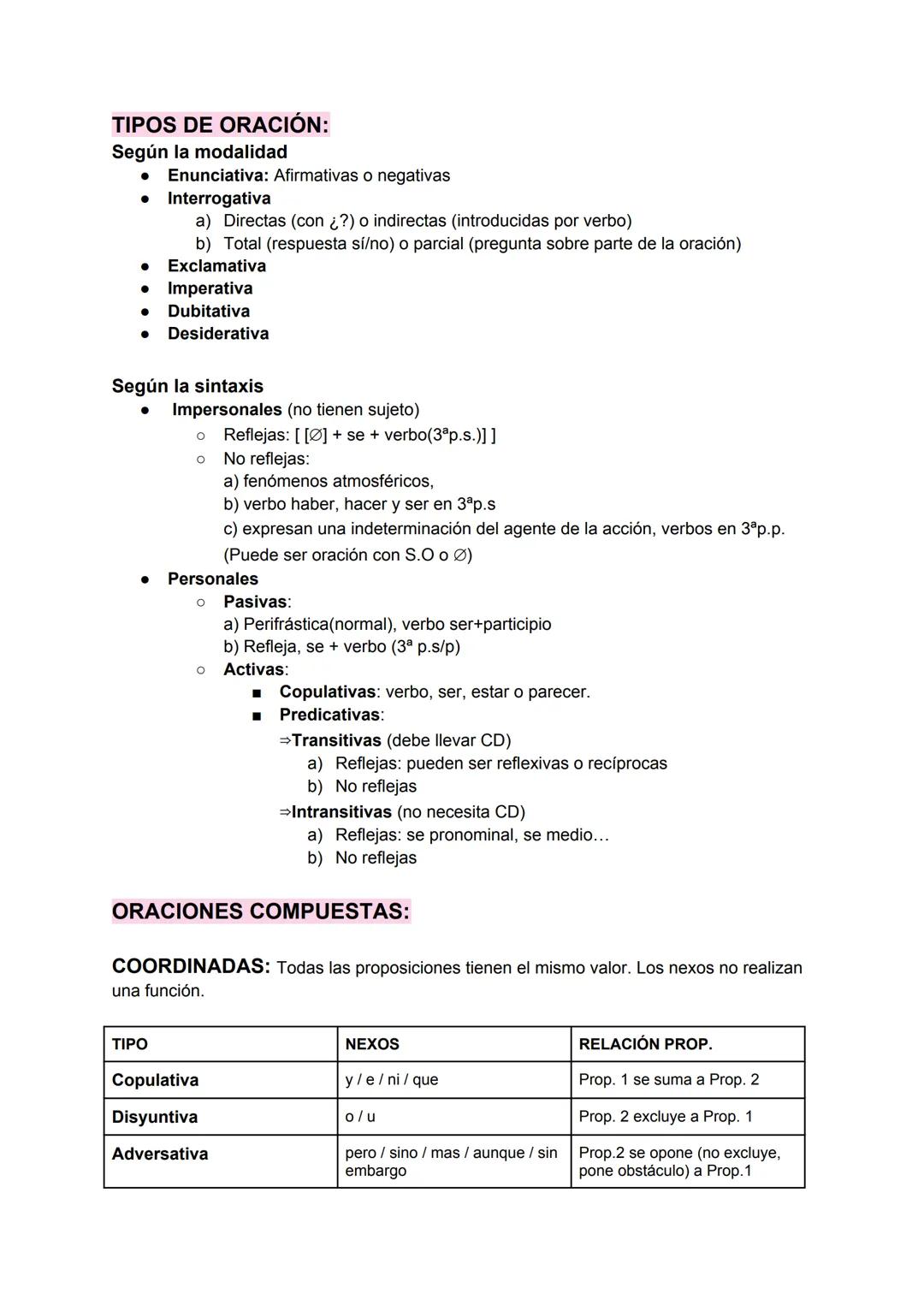 TIPOS DE ORACIÓN:
Según la modalidad
● Enunciativa: Afirmativas o negativas
Interrogativa
a) Directas (con ¿?) o indirectas (introducidas po