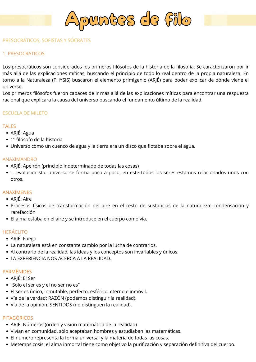 # Apuntes de filo
PRESOCRÁTICOS, SOFISTAS Y SÓCRATES
1. PRESOCRÁTICOS
Los presocráticos son considerados los primeros filósofos de la his