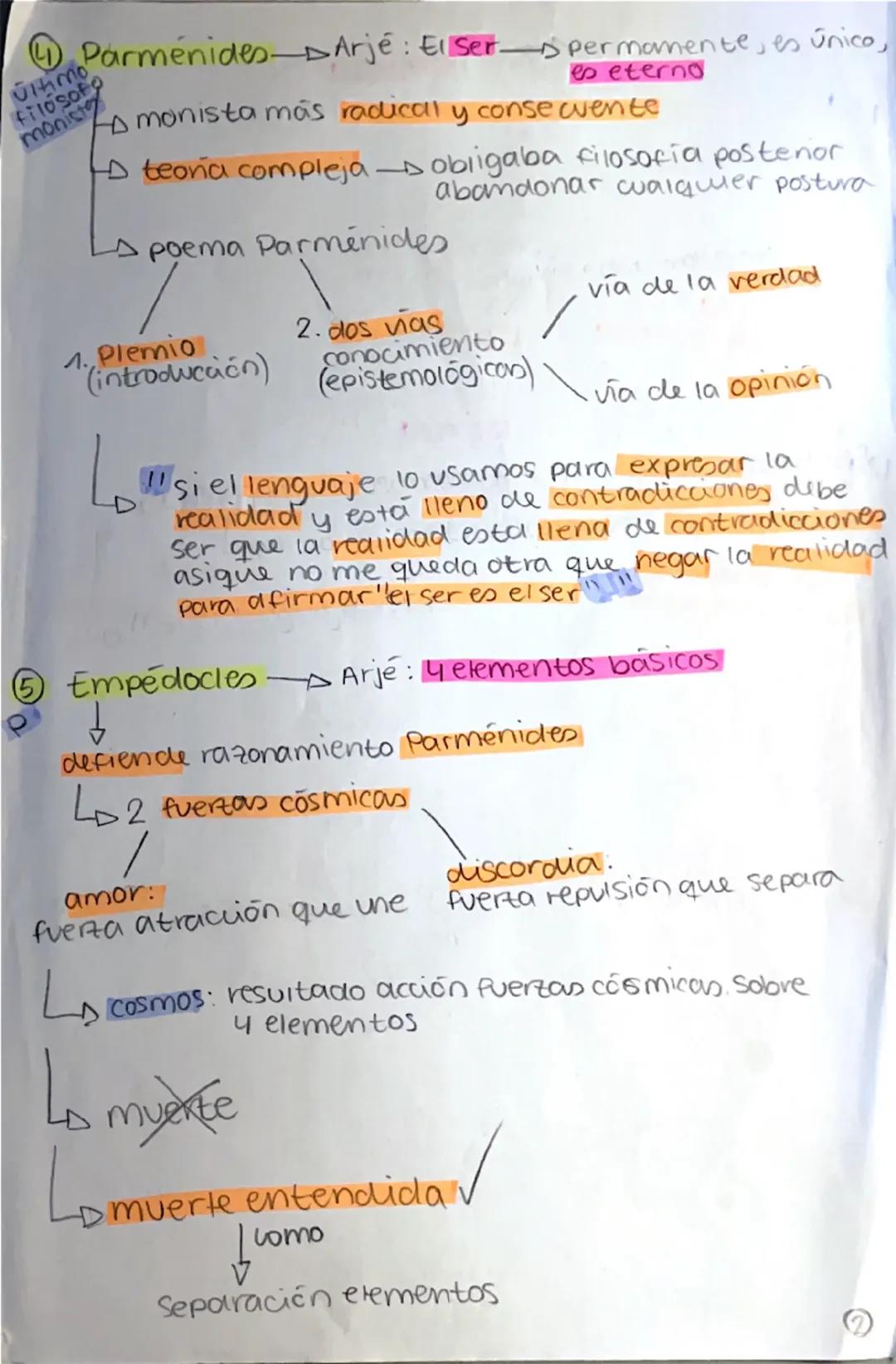 --- OCR Start ---
PRESOCRÁTICOs
monistas → 1 elemento
Pluralistas → +1 elemento
① Escuela de Mileto
selldo
A) Tales de Mileto → Arjé: Agua →
