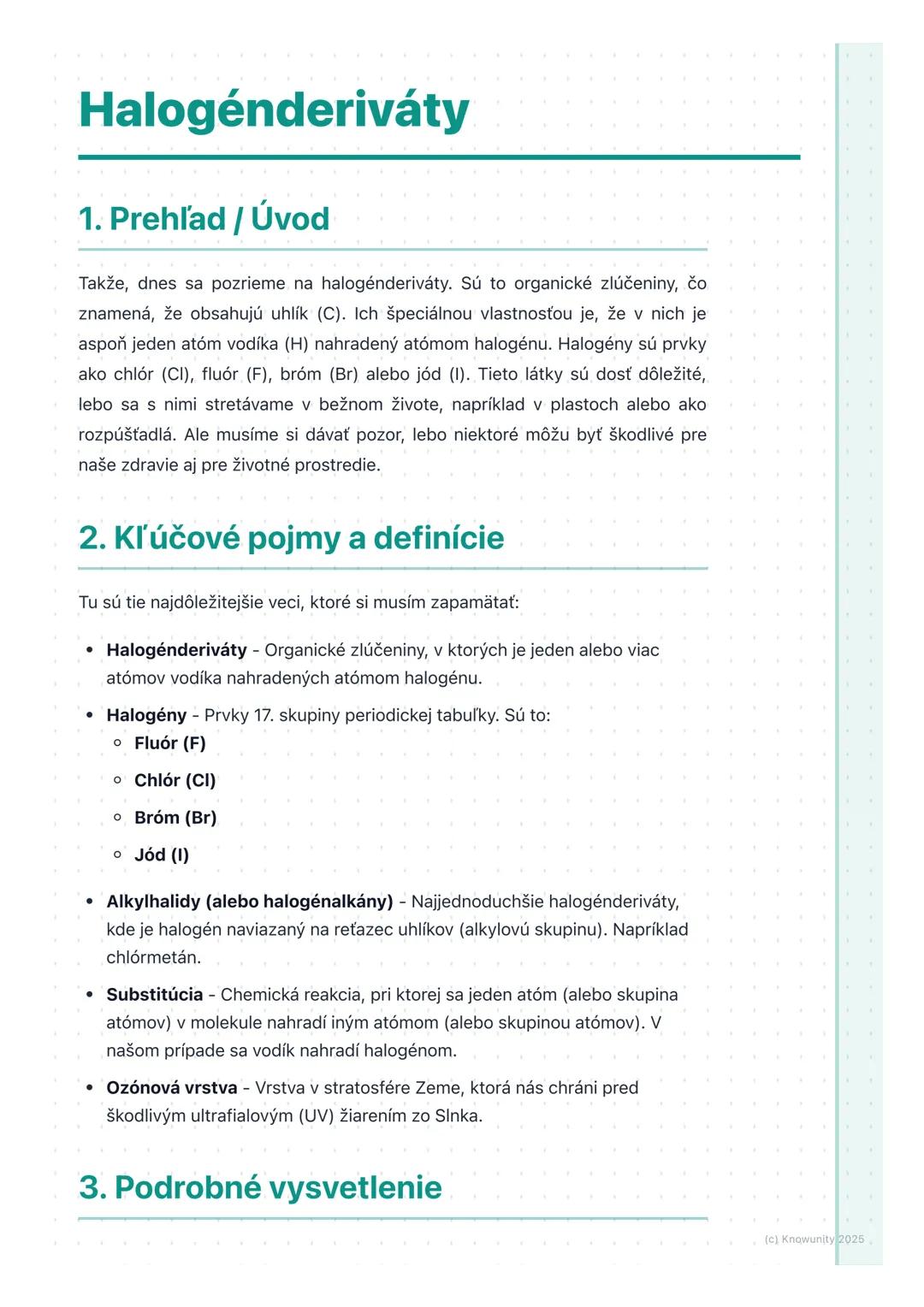 # Halogénderiváty
## 1. Prehľad / Úvod
Takže, dnes sa pozrieme na halogénderiváty. Sú to organické zlúčeniny, čo
znamená, že obsahujú uhlí
