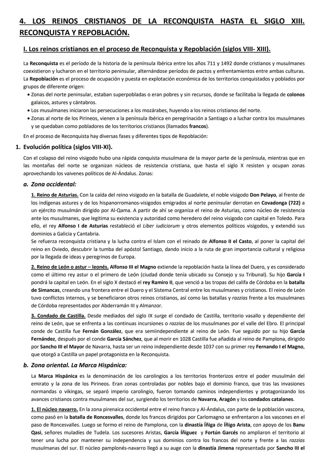 # 4. LOS REINOS CRISTIANOS DE LA RECONQUISTA HASTA EL SIGLO XIII.
RECONQUISTA Y REPOBLACIÓN.
I. Los reinos cristianos en el proceso de Reco