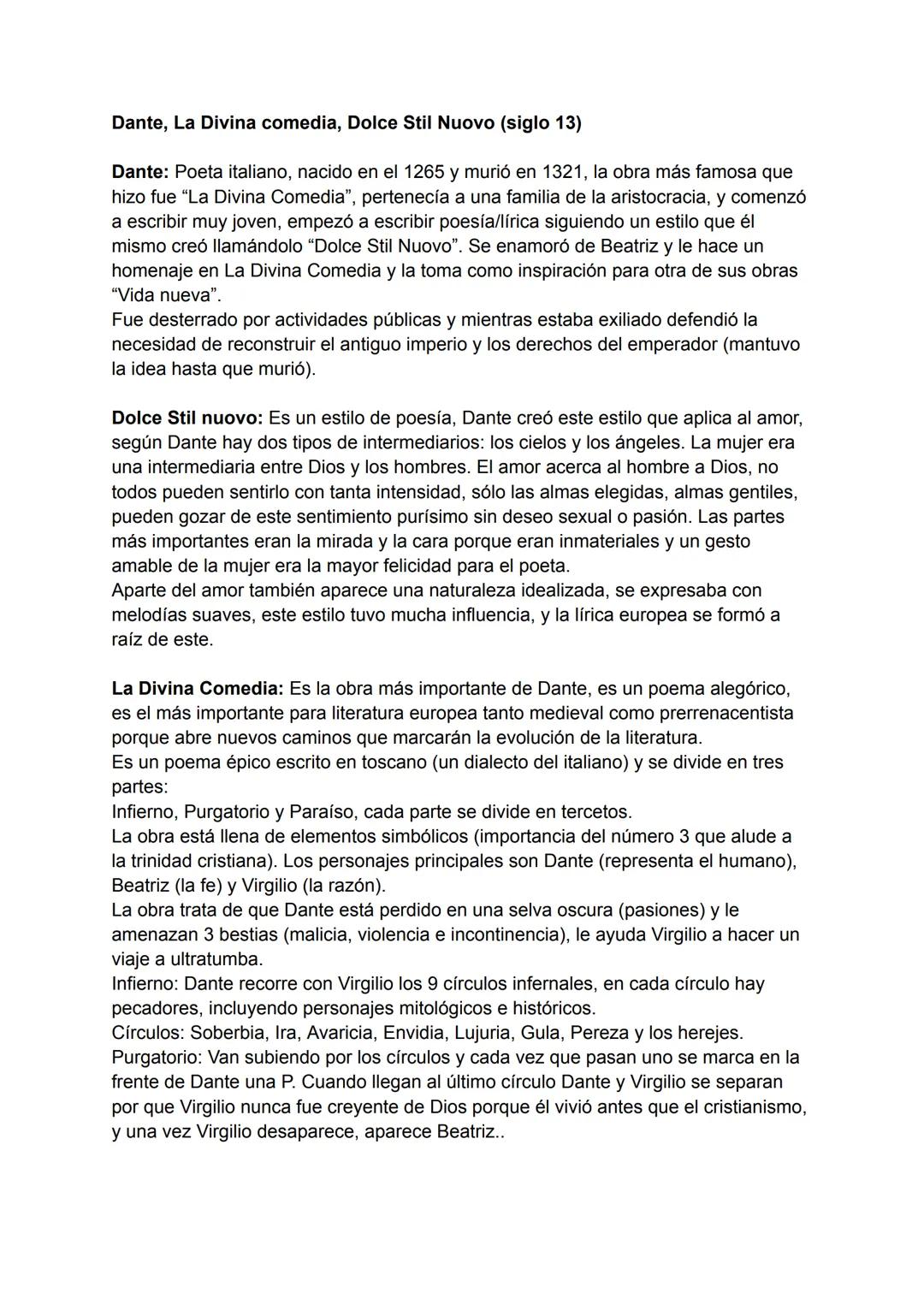 Dante, La Divina comedia, Dolce Stil Nuovo (siglo 13)
Dante: Poeta italiano, nacido en el 1265 y murió en 1321, la obra más famosa que
hizo