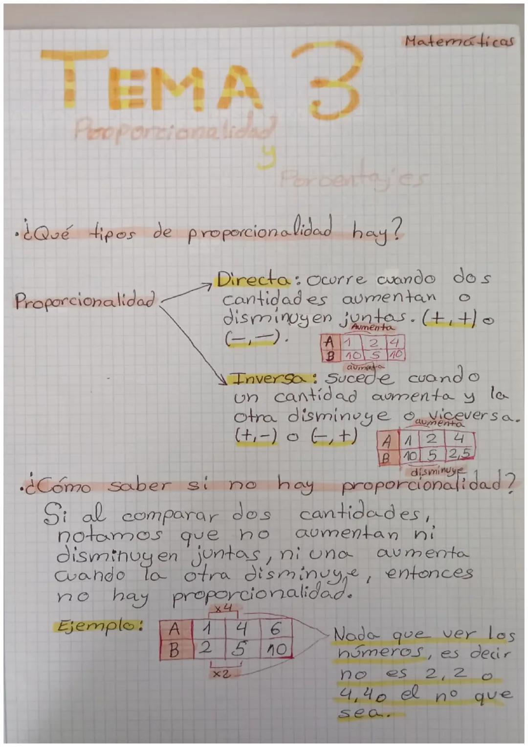 Matemáticas
# TEMA 3
Proporcionalidad
Yporcentajes
•¿Qué tipos de proporcionalidad hay?
→Directa: ocurre cuando dos
cantidades aumentan o