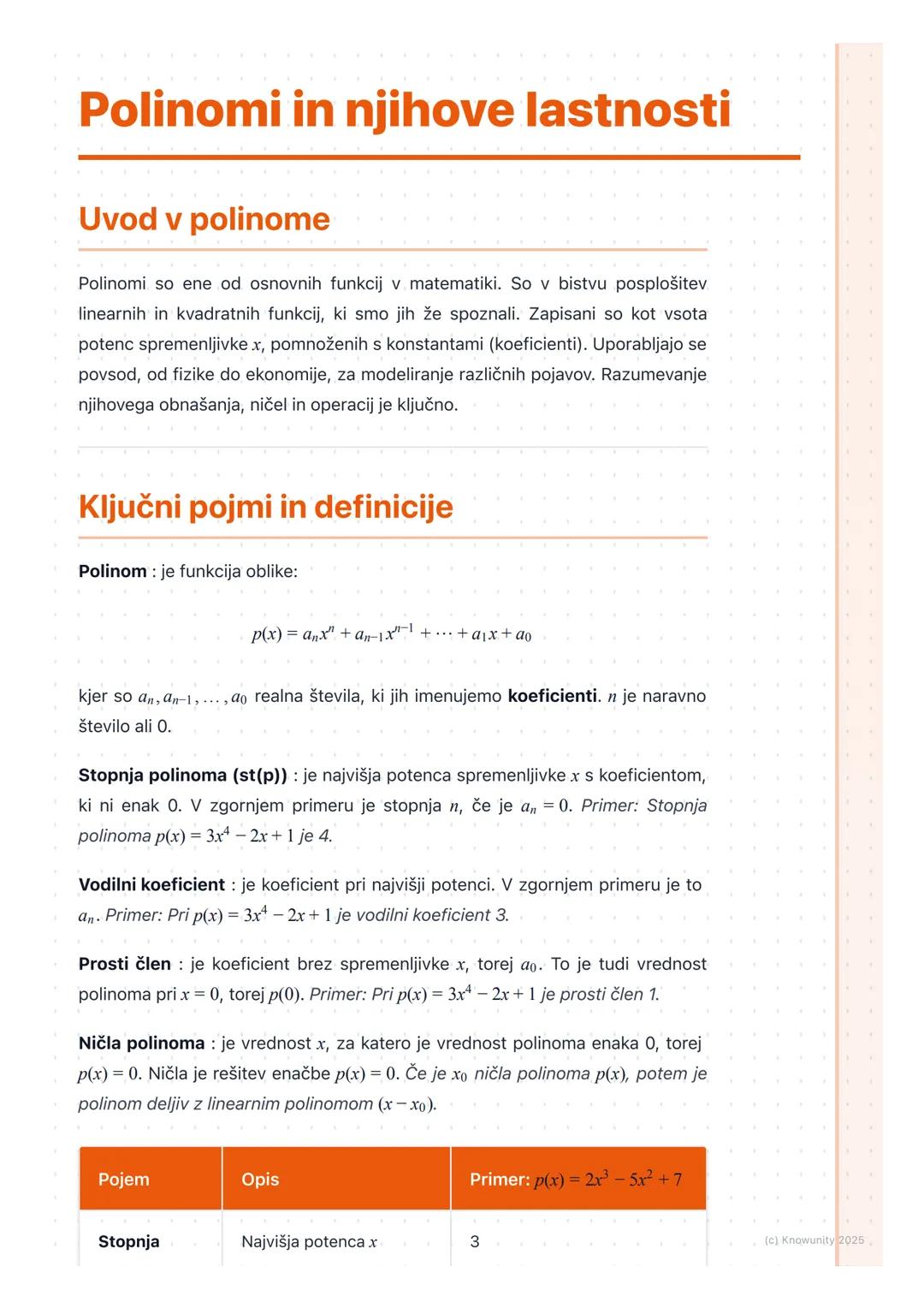 # Polinomi in njihove lastnosti
Uvod v polinome
Polinomi so ene od osnovnih funkcij v matematiki. So v bistvu posplošitev
linearnih in kva
