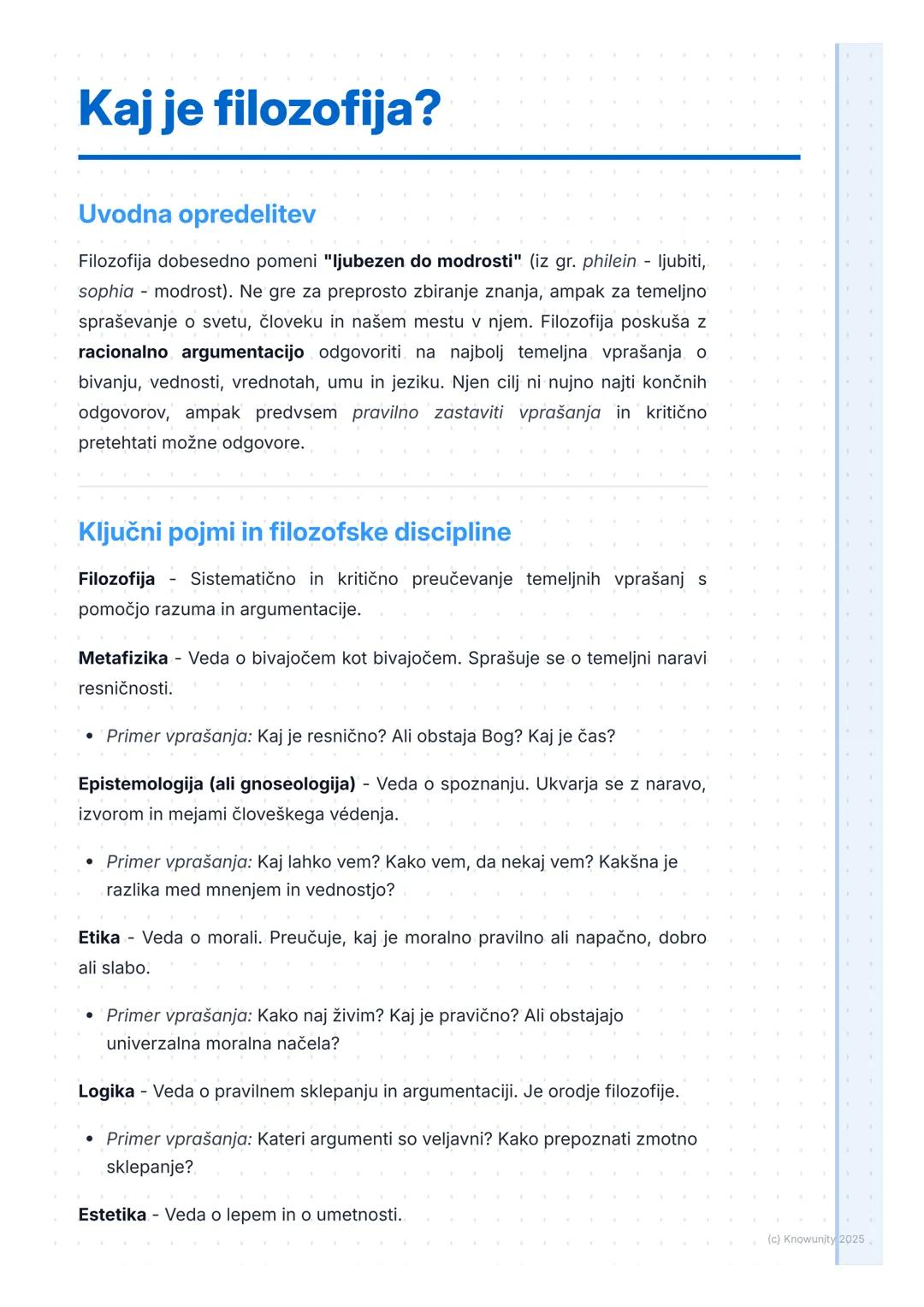 # Kaj je filozofija?
## Uvodna opredelitev
Filozofija dobesedno pomeni "ljubezen do modrosti" (iz gr. philein - ljubiti,
sophia - modrost)