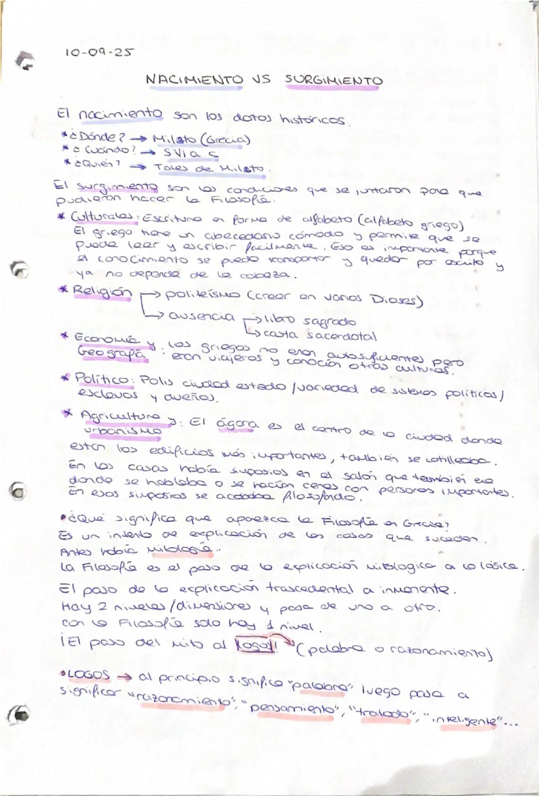 10-09-25
NACIMIENTO US SURGIMIENTO
El nacimiento son los datos históricos.
*¿Dónde? Milato (Grecia)
• Cuando? Sviac
*¿Quien? Tales de Mils