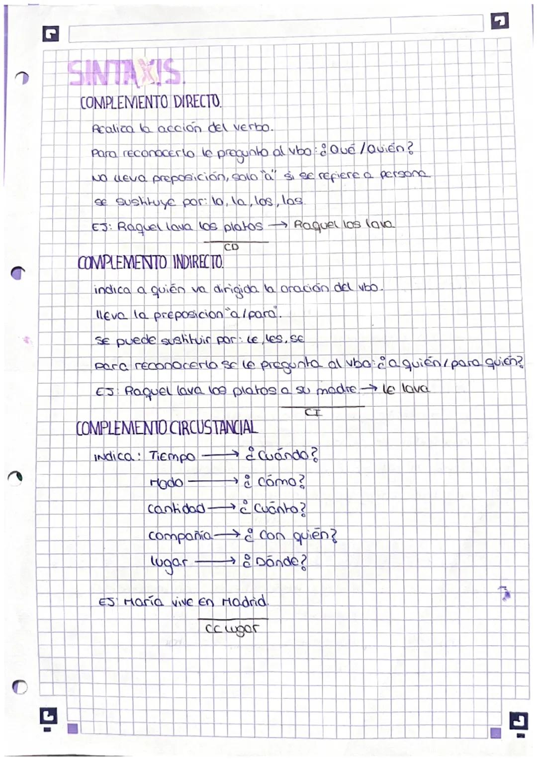 e
SINTAXIS
COMPLEMENTO DIRECTO
Realica la acción del verbo.
Para reconocer to le pregunto al vbo: ¿Qué /Quién?
NO LLEVO preposición, solo "a