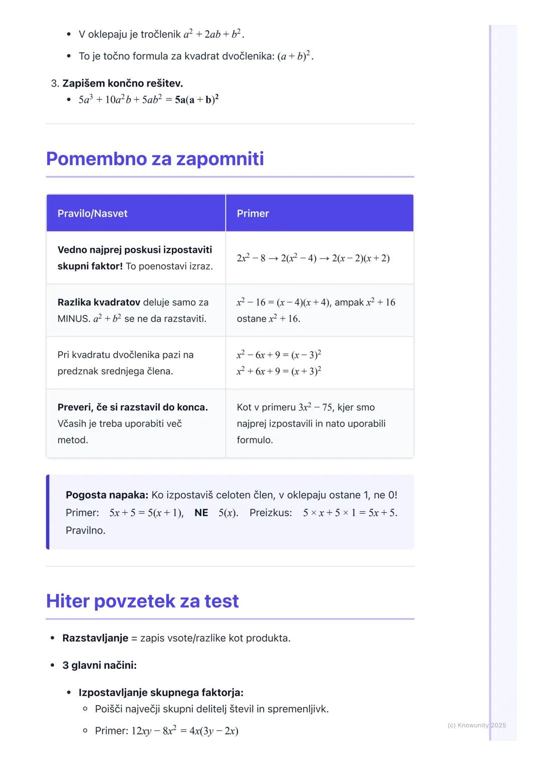 # Razstavljanje izrazov
Kaj je razstavljanje izrazov?
Razstavljanje (ali faktorizacija) algebrskih izrazov je postopek, pri katerem
vsoto