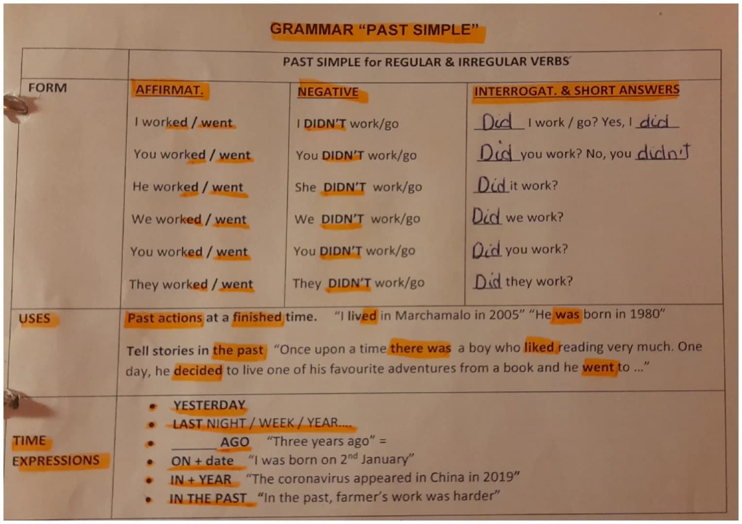 # GRAMMAR "PAST SIMPLE"
## PAST SIMPLE for REGULAR & IRREGULAR VERBS
| FORM | AFFIRMAT. | NEGATIVE | INTERROGAT. & SHORT ANSWERS |
|---|---