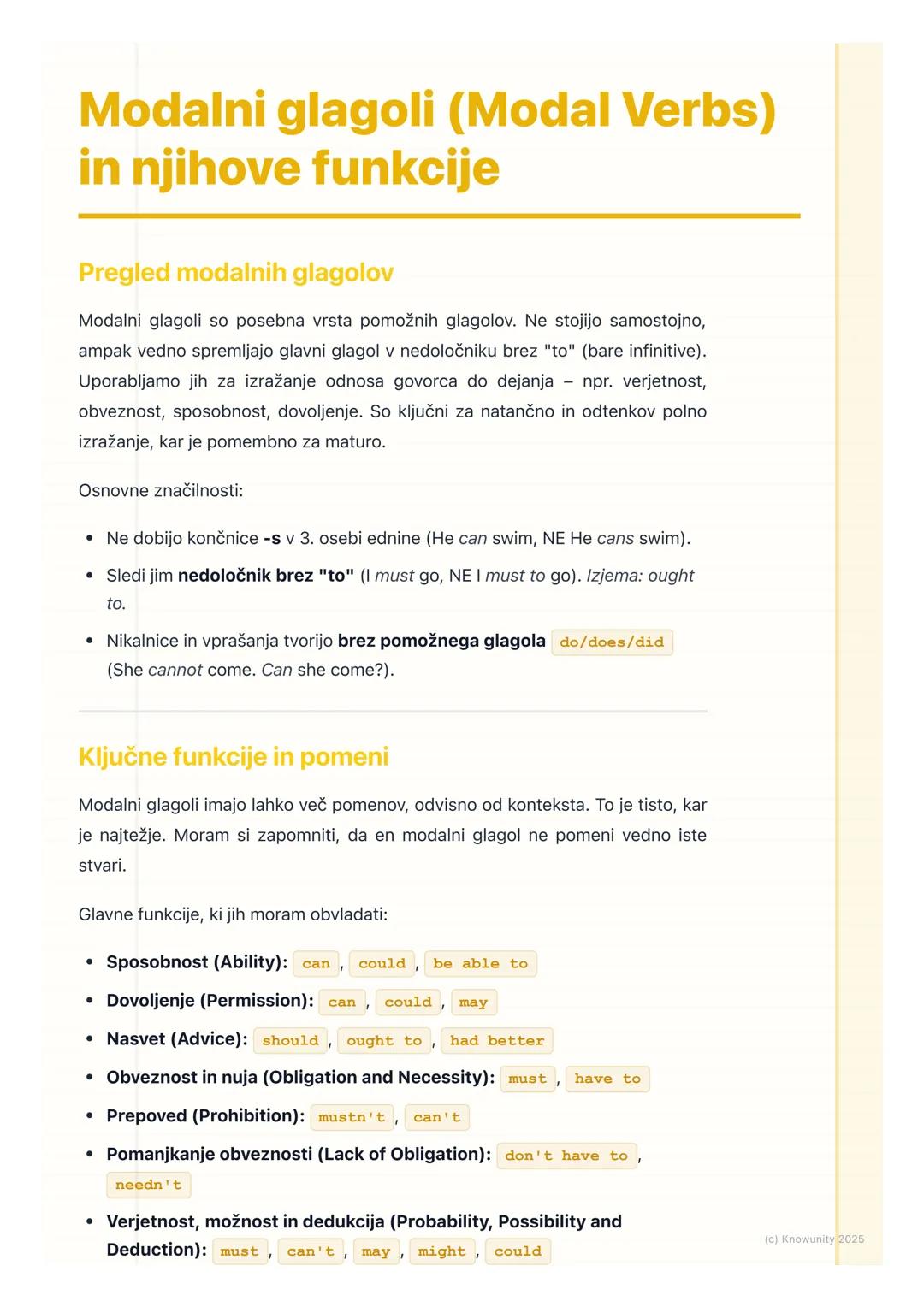 # Modalni glagoli (Modal Verbs)
in njihove funkcije
Pregled modalnih glagolov
Modalni glagoli so posebna vrsta pomožnih glagolov. Ne stoji
