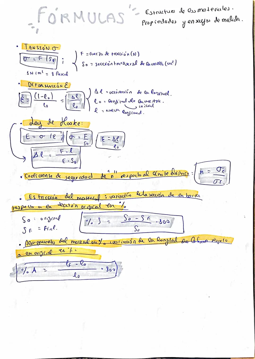 # FÓRMULAS
Estructura de los materiales.
Propiedades y ensayos de medida.
* TENSIÓN $\sigma$
$\sigma = F / S_0$
* $F$ = fuerza