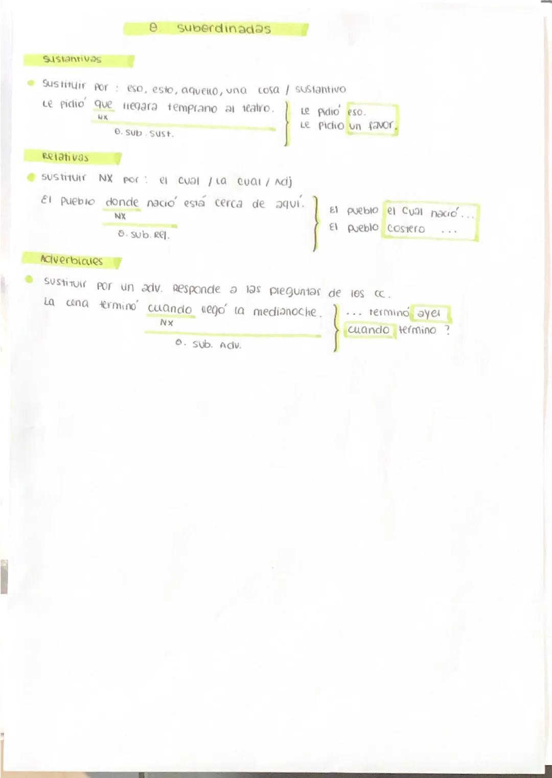 e suberdinadas
Sustantivas
⚫ Sustituir por: eso, esto, aquello, una cosa / sustantivo
Le pidio que negara temprano al teatro.
wx
e. sub sust