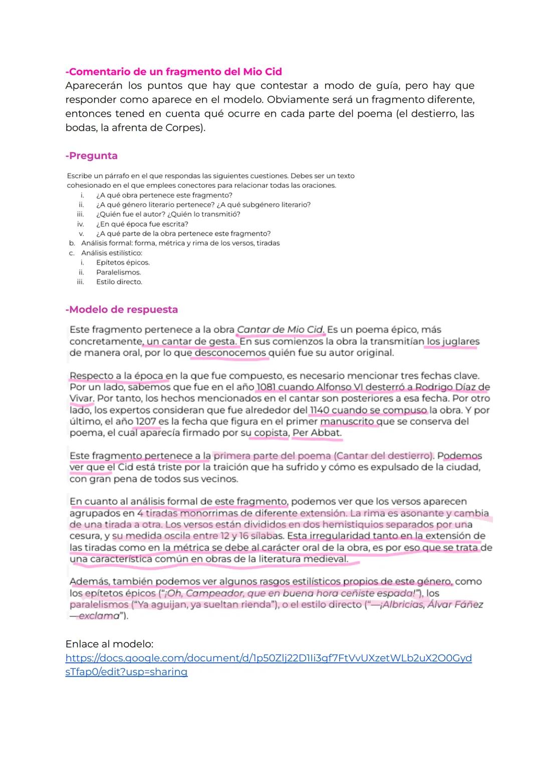 # -Comentario de un fragmento del Mio Cid
Aparecerán los puntos que hay que contestar a modo de guía, pero hay que
responder como aparece e