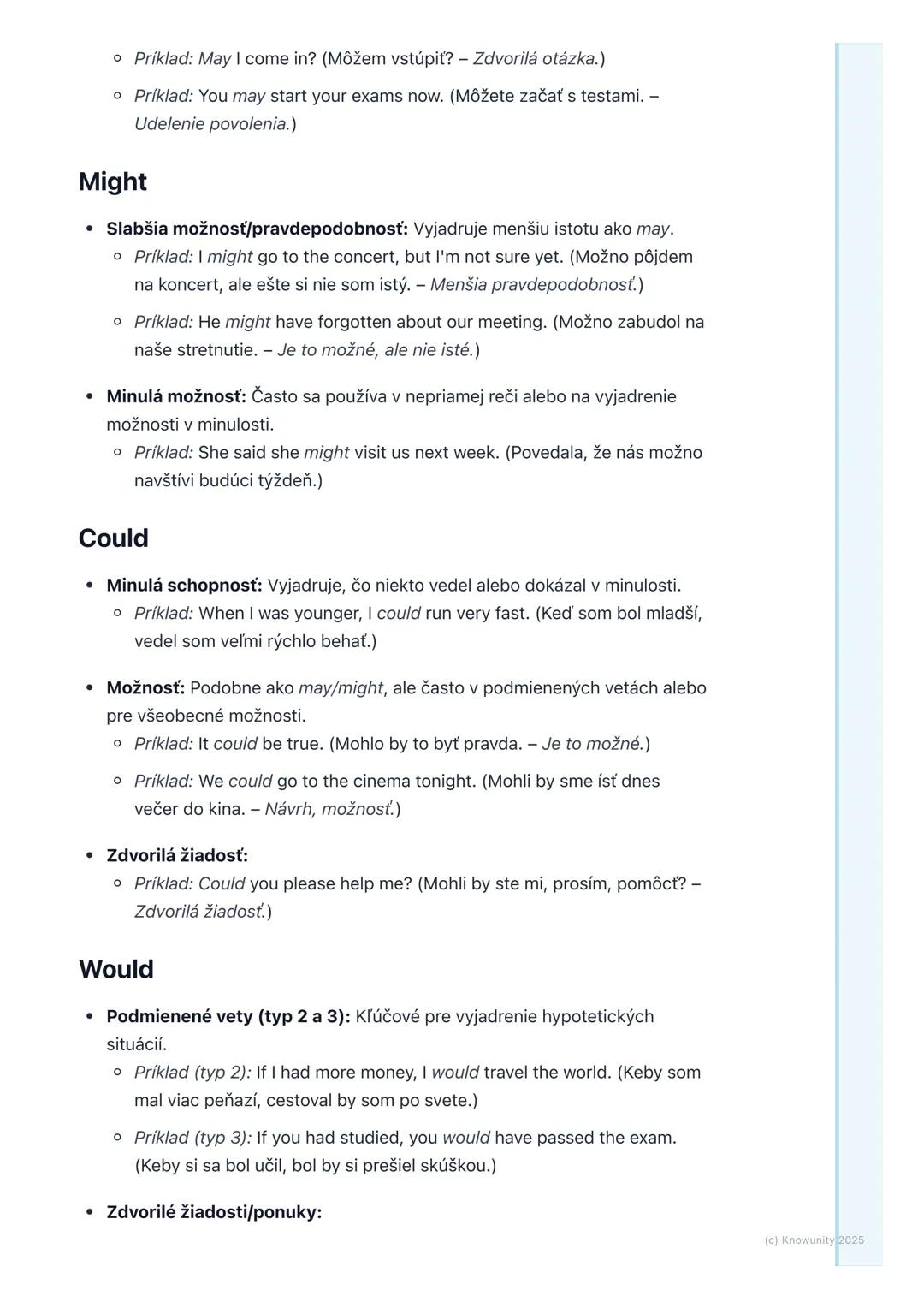 # Modálne slovesá a ich funkcie
## 1. Prehľad modálnych slovies
Modálne slovesá sú špeciálny typ pomocných slovies v angličtine. Nepoužíva