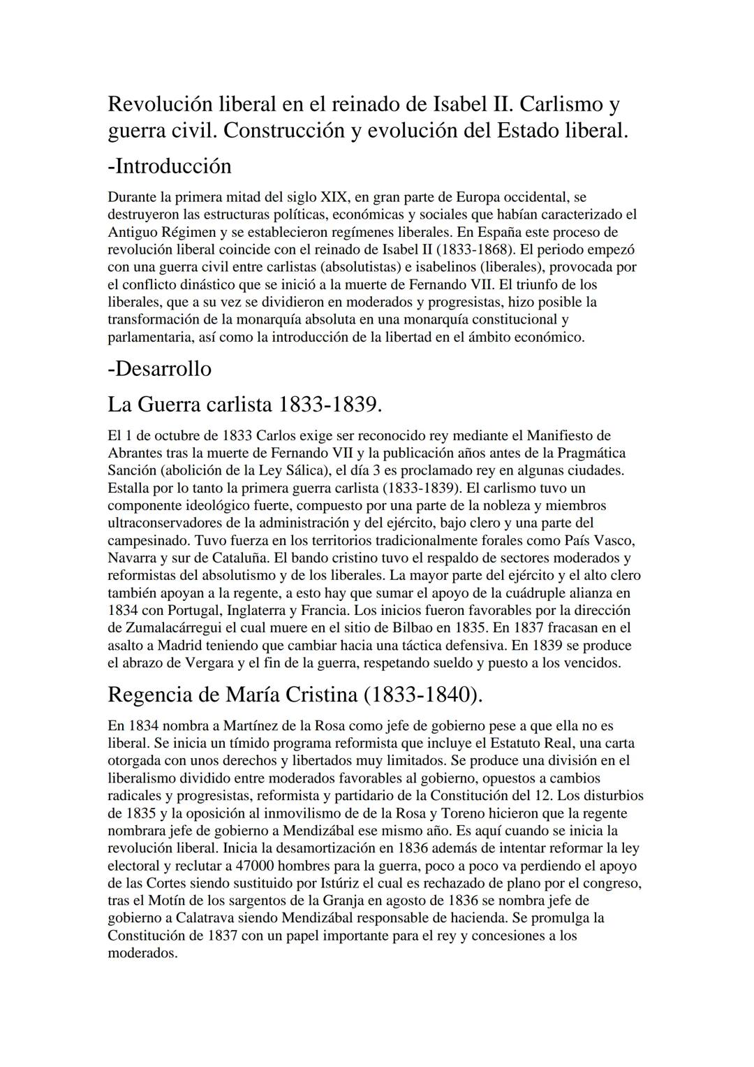 Revolución liberal en el reinado de Isabel II. Carlismo y
guerra civil. Construcción y evolución del Estado liberal.
-Introducción
Durante l
