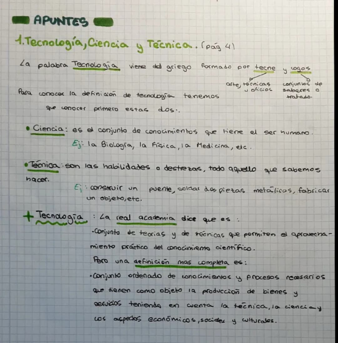 # APUNTES
## 1. Tecnología, Ciencia y Técnica. (pág 41
La palabra Tecnologia viene del griego.
formado por tecne y cogos
arte, tecnicas
u of
